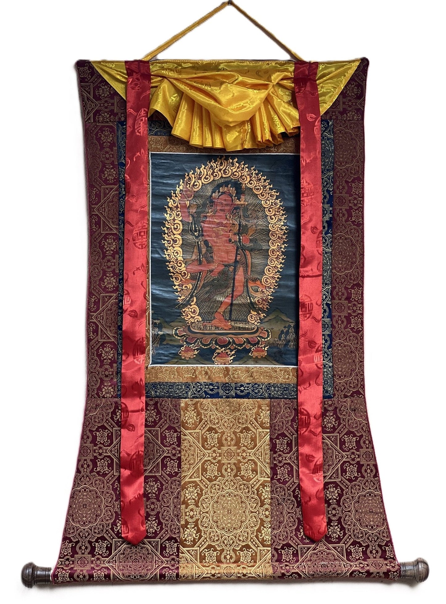 Original Hand Painted VAJRAVARAHI Jogini Ma / Dorje Phagmo Female Buddha Tibetan Thangka Old Oil Varnished With Premium Silk Brocade - Tibetan Thangka Art