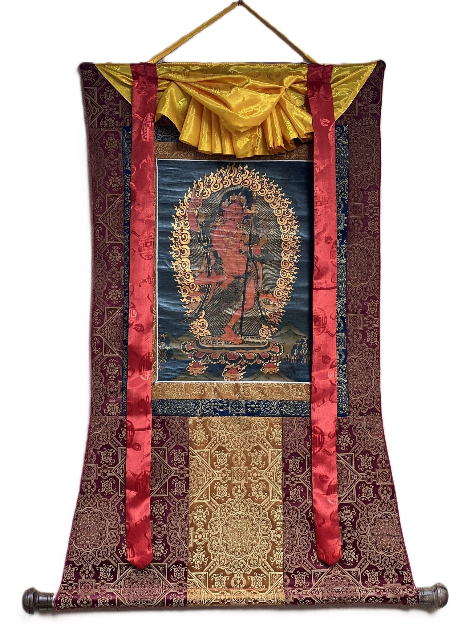 Original Hand Painted VAJRAVARAHI Jogini Ma / Dorje Phagmo Female Buddha Tibetan Thangka Old Oil Varnished With Premium Silk Brocade - Tibetan Thangka Art