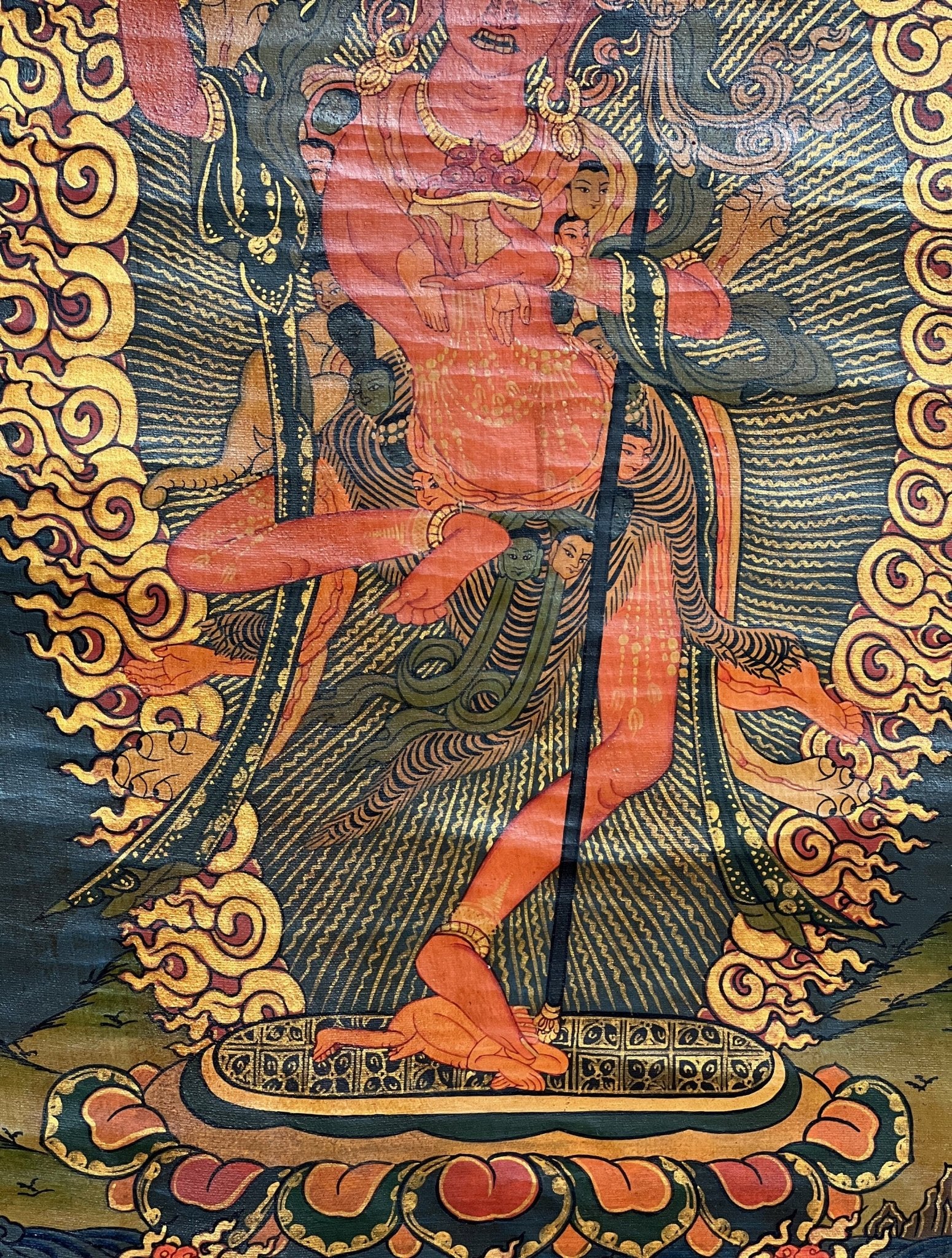 Original Hand Painted VAJRAVARAHI Jogini Ma / Dorje Phagmo Female Buddha Tibetan Thangka Old Oil Varnished With Premium Silk Brocade - Tibetan Thangka Art