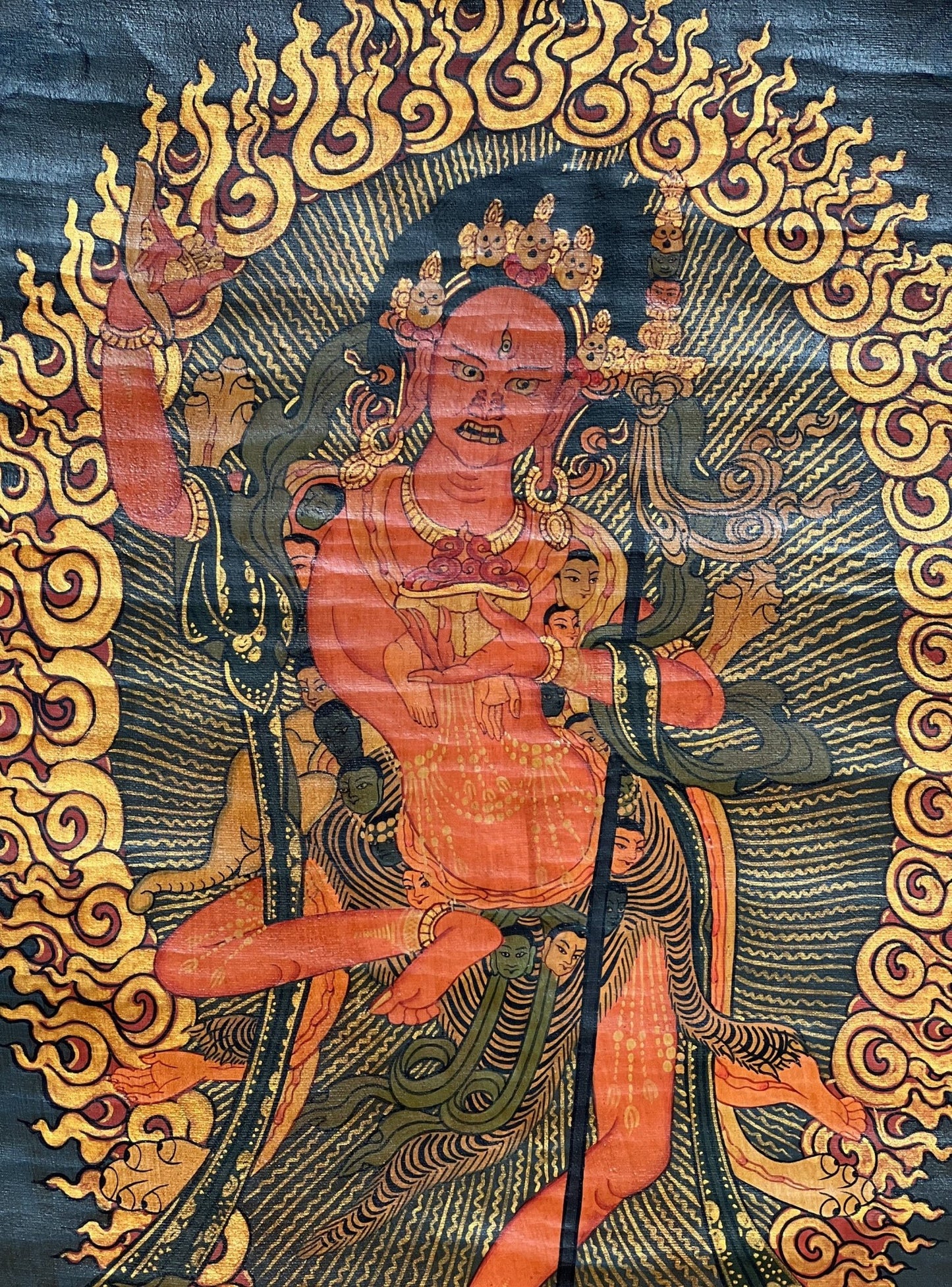 Original Hand Painted VAJRAVARAHI Jogini Ma / Dorje Phagmo Female Buddha Tibetan Thangka Old Oil Varnished With Premium Silk Brocade - Tibetan Thangka Art