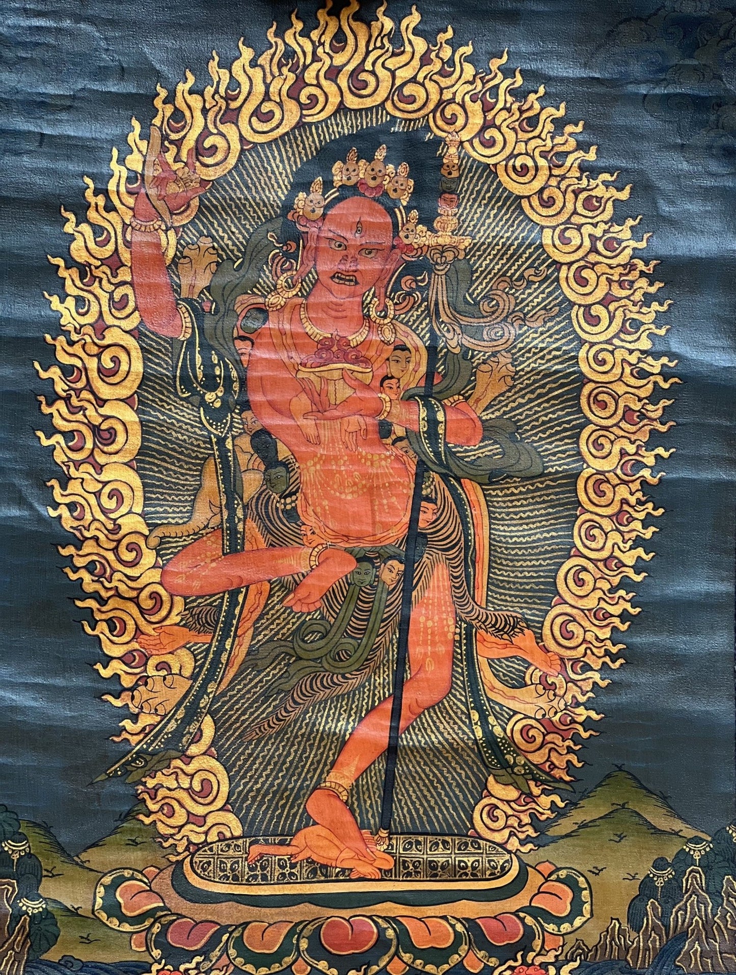 Original Hand Painted VAJRAVARAHI Jogini Ma / Dorje Phagmo Female Buddha Tibetan Thangka Old Oil Varnished With Premium Silk Brocade - Tibetan Thangka Art