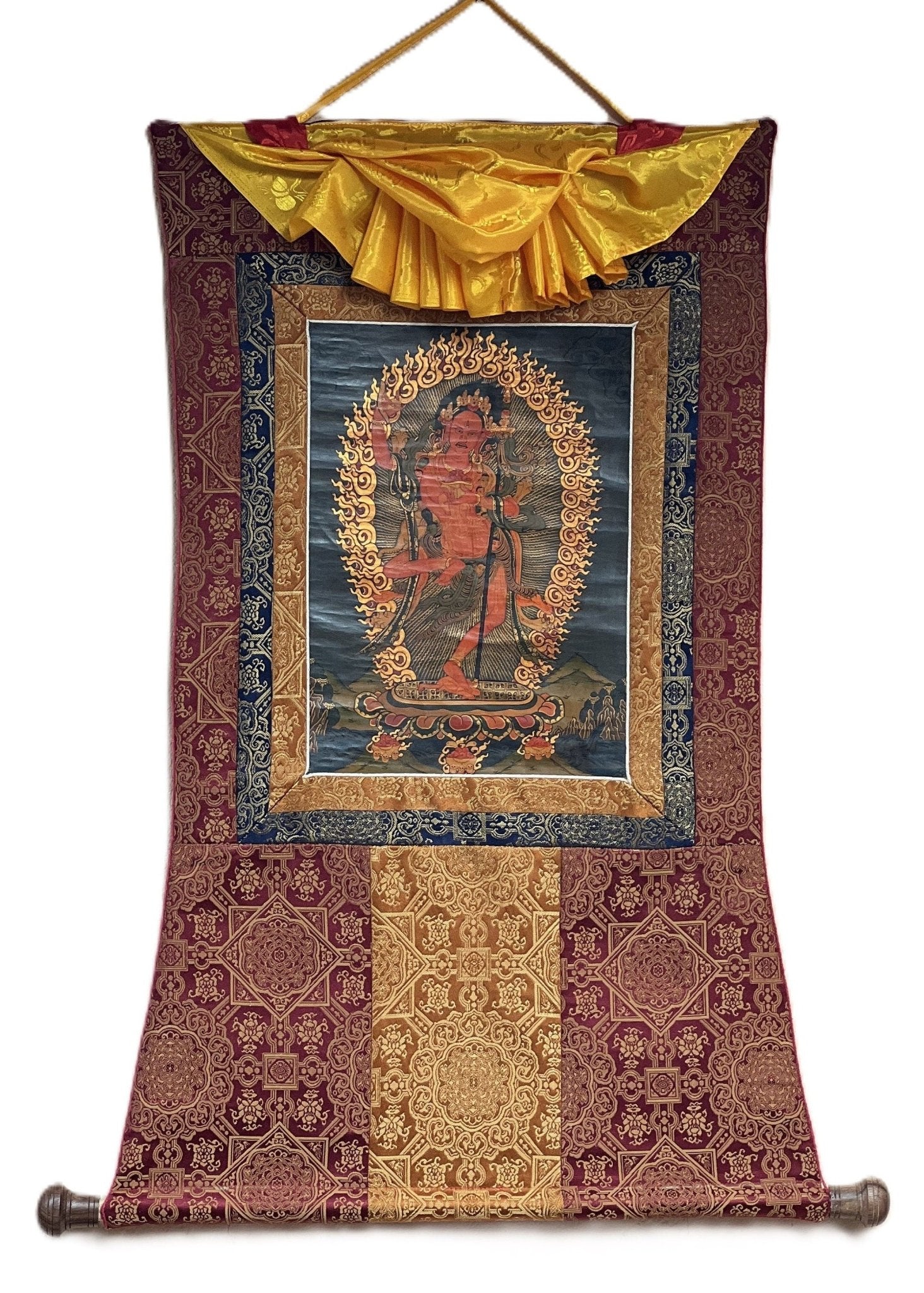 Original Hand Painted VAJRAVARAHI Jogini Ma / Dorje Phagmo Female Buddha Tibetan Thangka Old Oil Varnished With Premium Silk Brocade - Tibetan Thangka Art