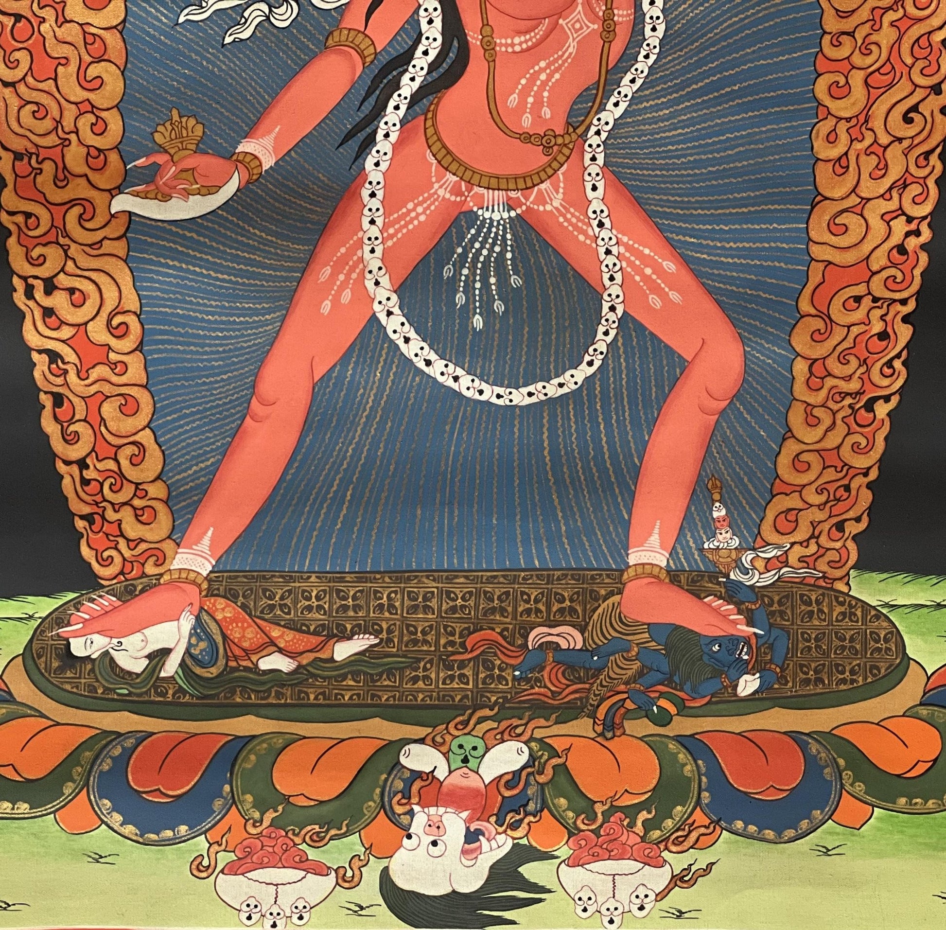 Original Hand - Painted Vajrayogini Thangka | Tibetan Tantra Art | Smoky Masterpiece with Silk Brocade | Unique Yogini/Jogini Decor - Tibetan Thangka Art