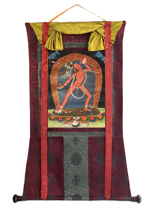 Original Hand - Painted Vajrayogini Thangka | Tibetan Tantra Art | Smoky Masterpiece with Silk Brocade | Unique Yogini/Jogini Decor - Tibetan Thangka Art