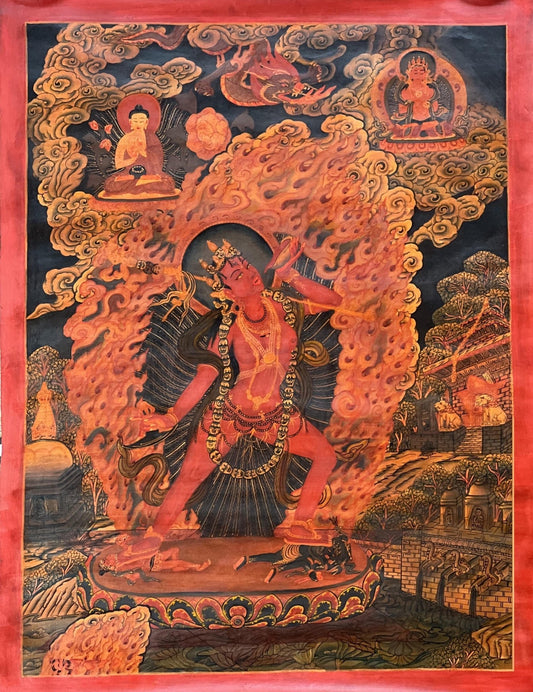 Original Hand - Painted Vajrayogini/ Yogini/ Jogini Old Oil Varnished Masterpiece Newari Paubha/ Pauva Thangka Painting/ Jogini Tantra Art - Tibetan Thangka Art
