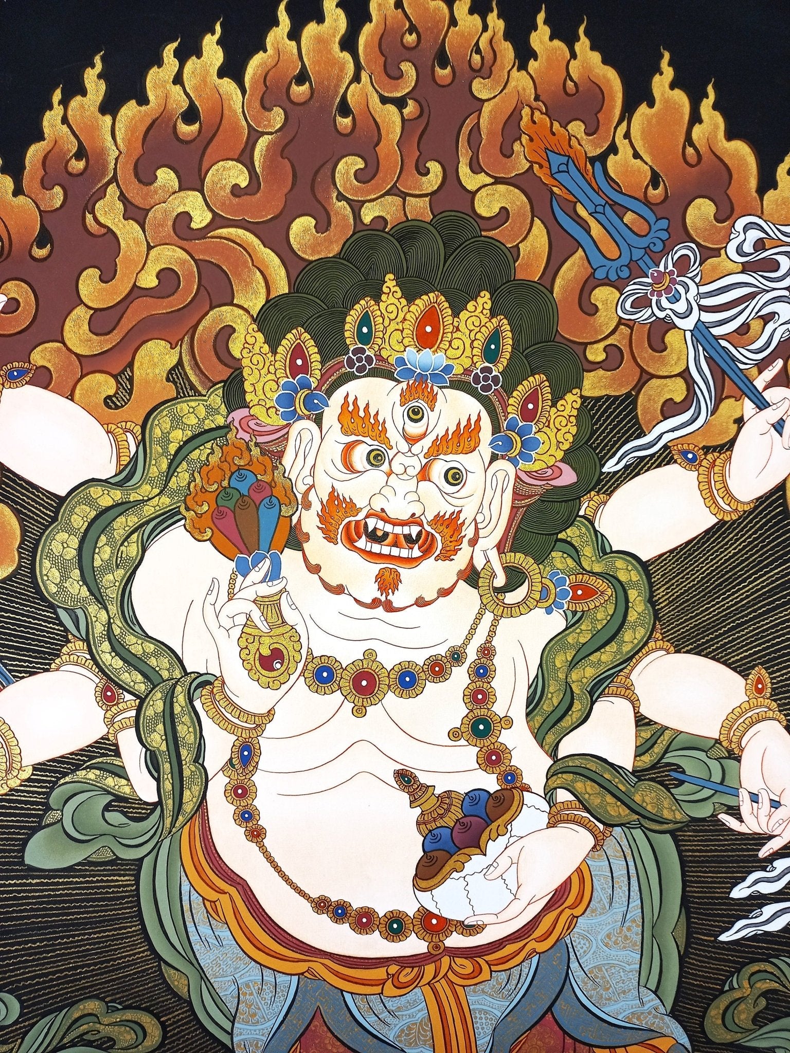 Original Hand Painted White Mahakala / Six Arm Mahakala Large Masterpiece Tibetan Compassion Meditation Thangka / Thanka Painting From Nepal - Tibetan Thangka Art
