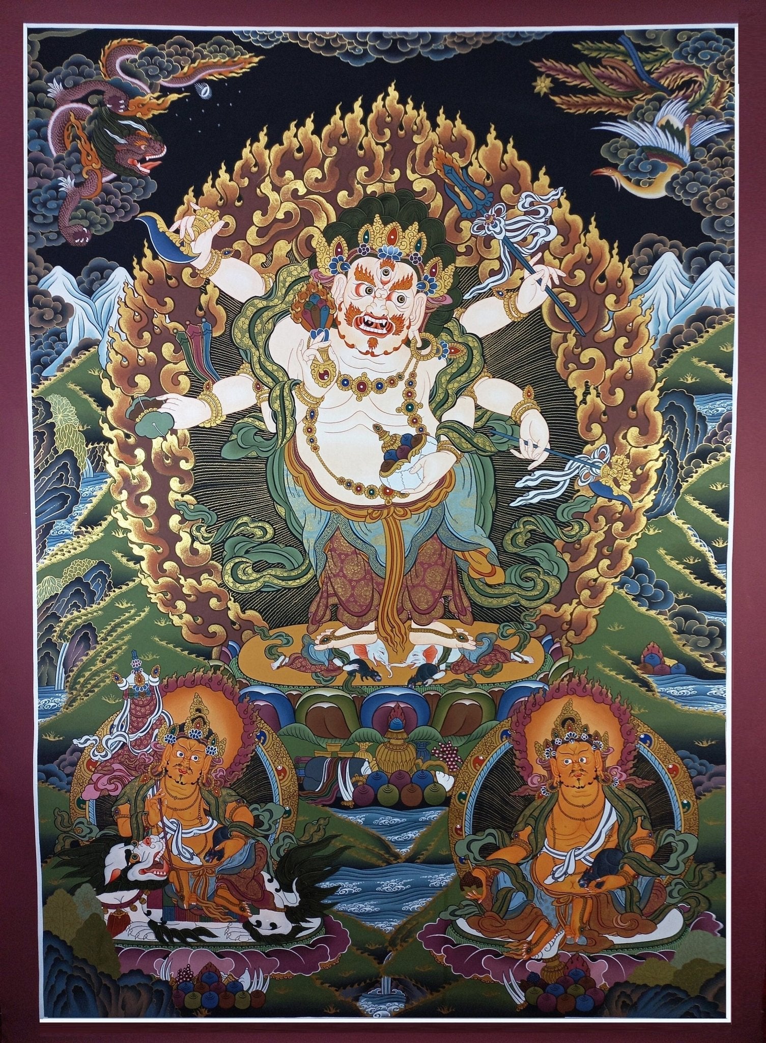 Original Hand Painted White Mahakala / Six Arm Mahakala Large Masterpiece Tibetan Compassion Meditation Thangka / Thanka Painting From Nepal - Tibetan Thangka Art