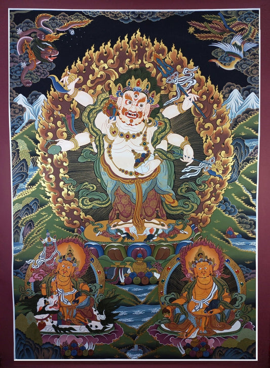 Original Hand Painted White Mahakala / Six Arm Mahakala Large Masterpiece Tibetan Compassion Meditation Thangka / Thanka Painting From Nepal - Tibetan Thangka Art
