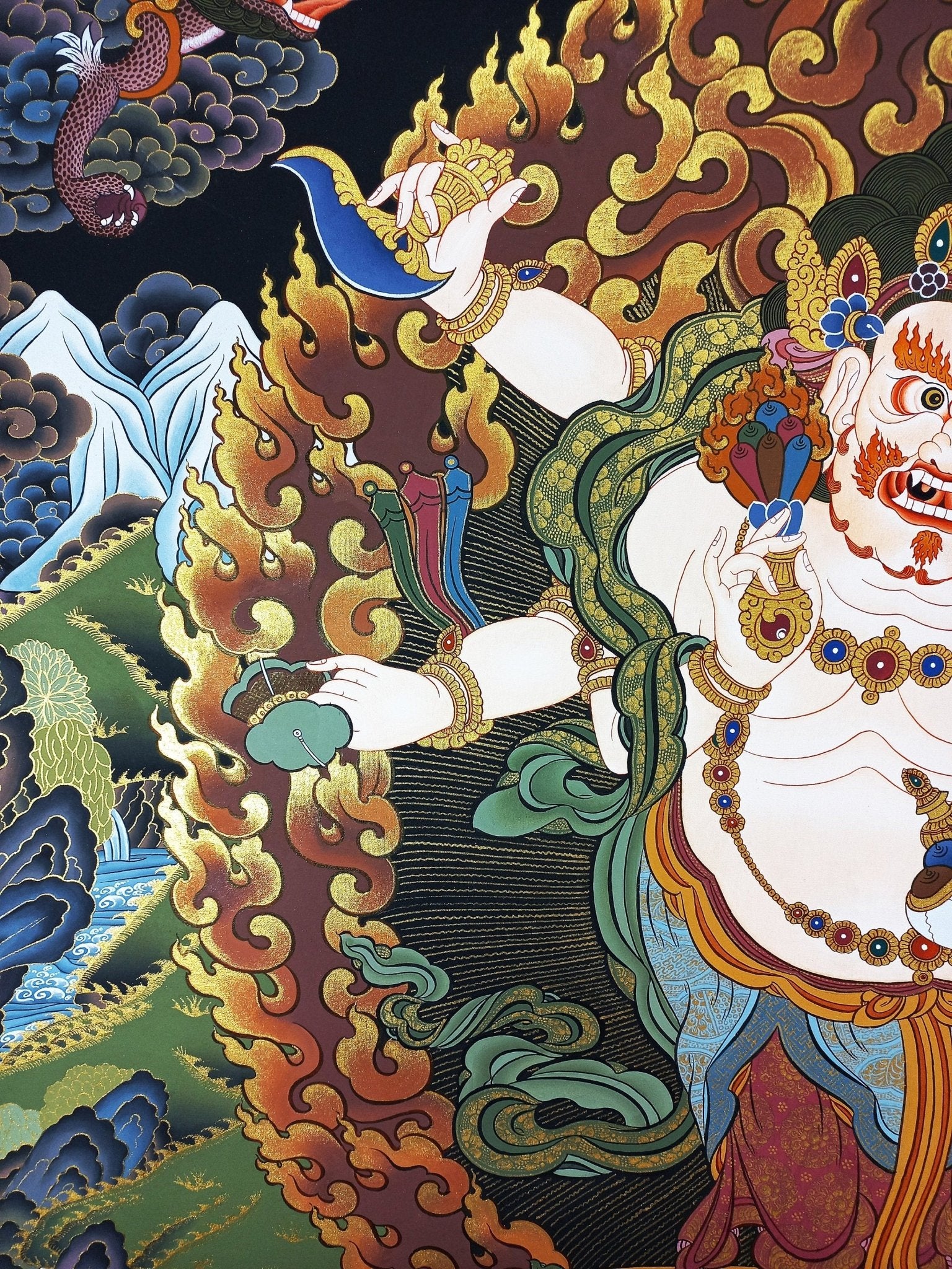 Original Hand Painted White Mahakala / Six Arm Mahakala Large Masterpiece Tibetan Compassion Meditation Thangka / Thanka Painting From Nepal - Tibetan Thangka Art