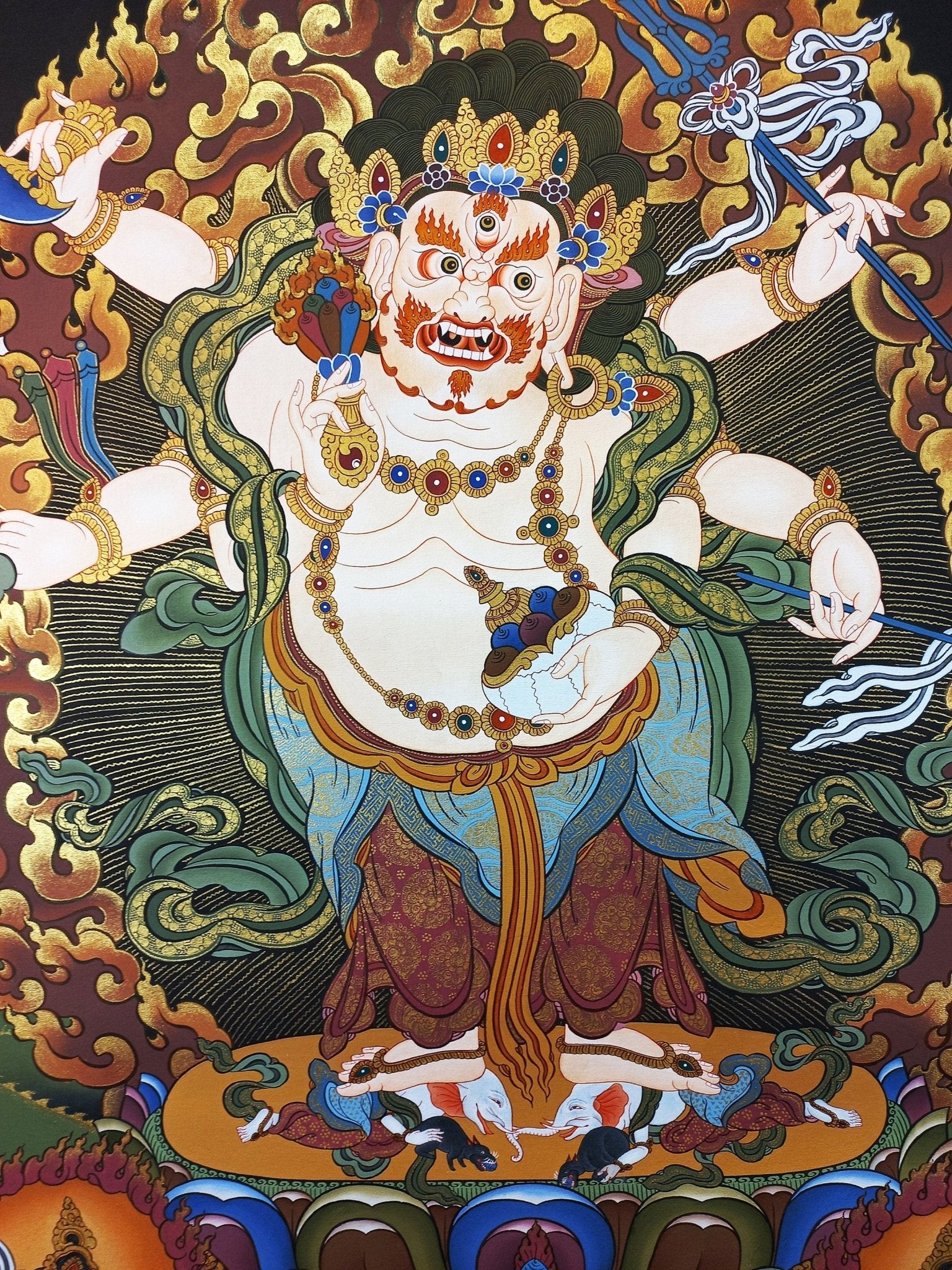 Original Hand Painted White Mahakala / Six Arm Mahakala Large Masterpiece Tibetan Compassion Meditation Thangka / Thanka Painting From Nepal - Tibetan Thangka Art