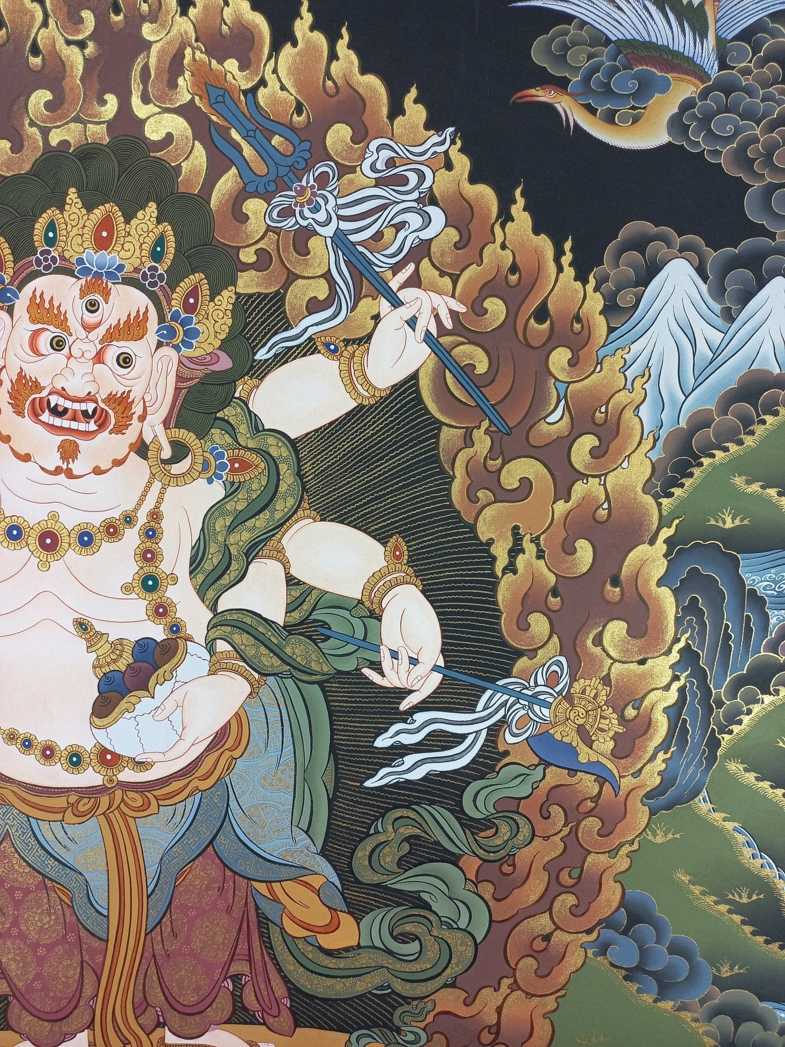 Original Hand Painted White Mahakala / Six Arm Mahakala Large Masterpiece Tibetan Compassion Meditation Thangka / Thanka Painting From Nepal - Tibetan Thangka Art