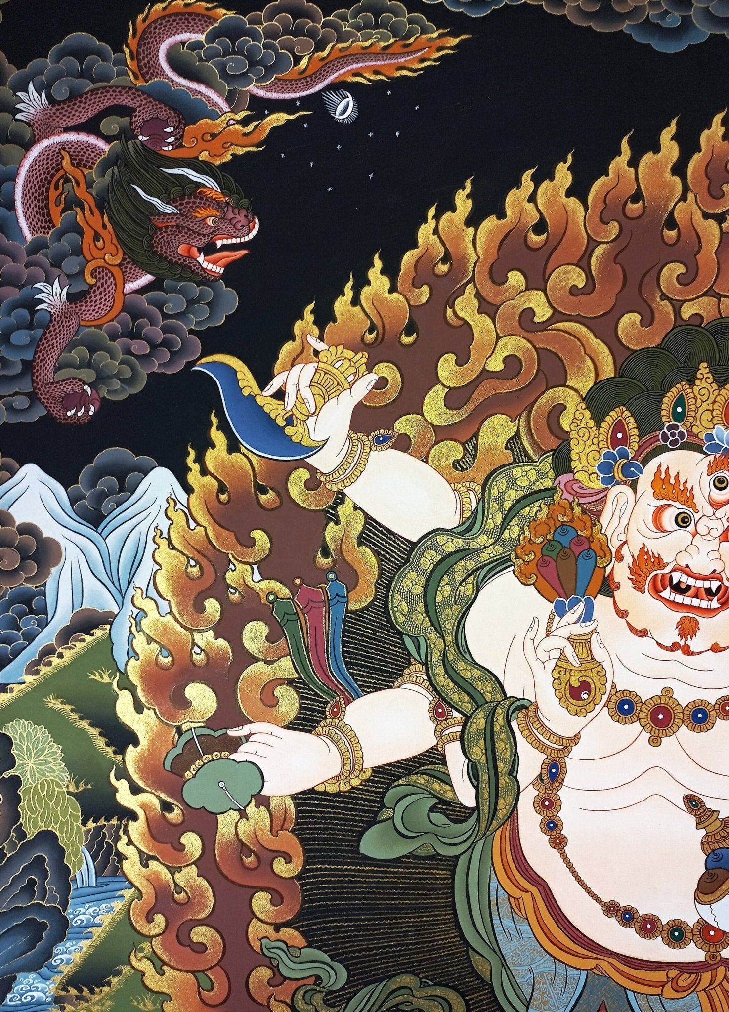 Original Hand Painted White Mahakala / Six Arm Mahakala Large Masterpiece Tibetan Compassion Meditation Thangka / Thanka Painting From Nepal - Tibetan Thangka Art