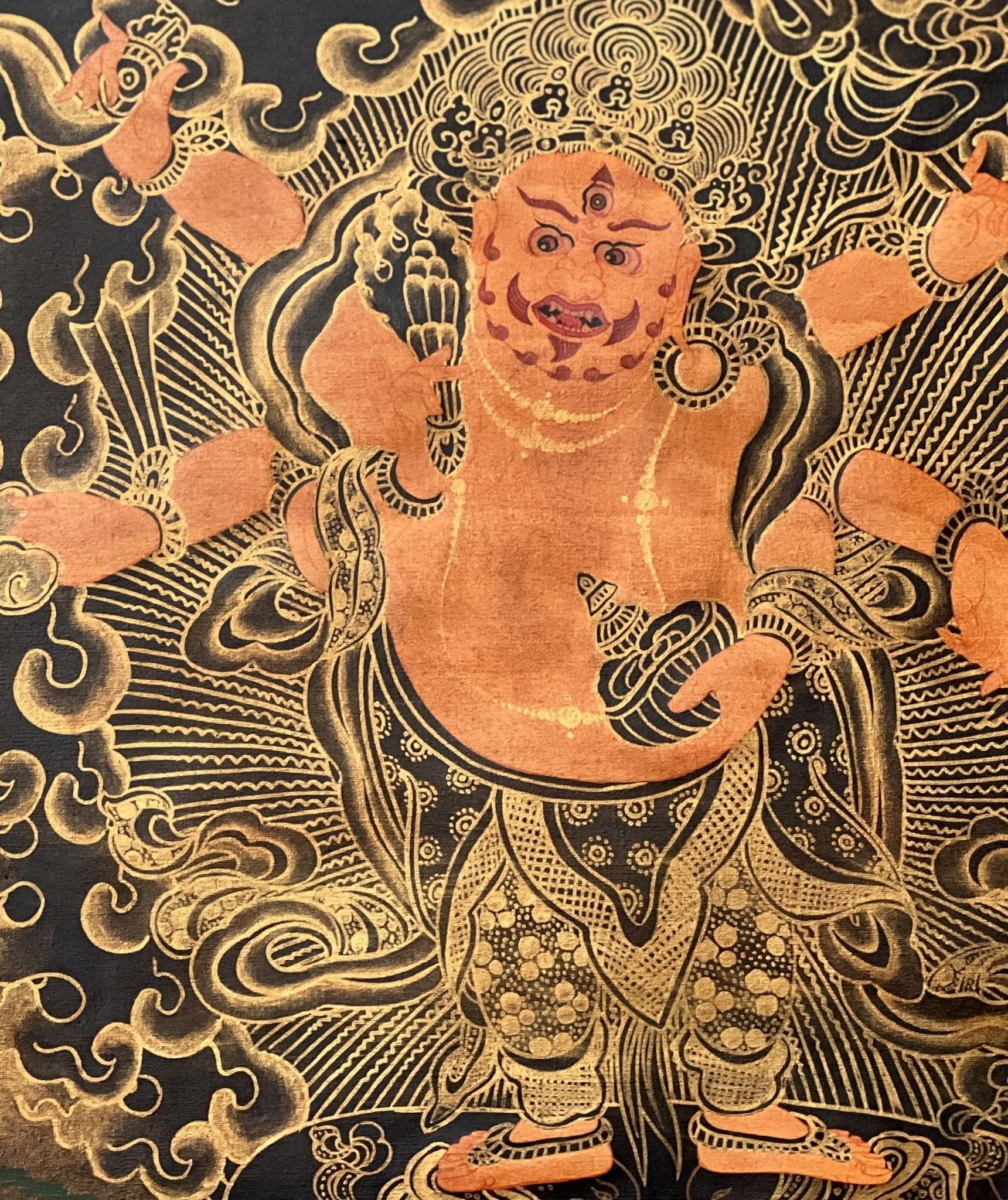 Original Hand Painted White Mahakala / Six Armed Mahakala Oil Varnished Tibetan Compassion Meditation Thangka / Thanka Painting From Nepal - Tibetan Thangka Art