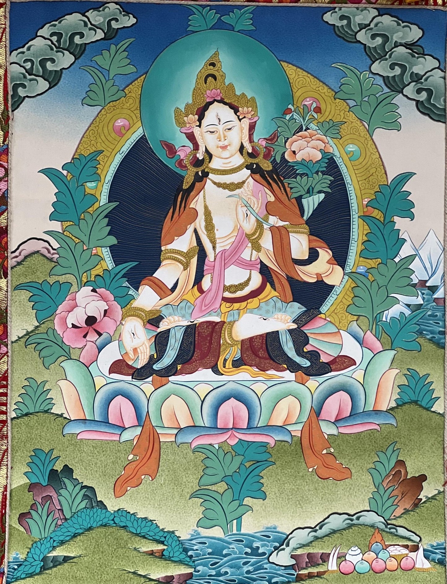 Original Hand - painted White Tara / Masterpiece Tibetan Thanka / Thangka Painting Compassion Meditation Art with High - Quality Silk Brocade - Tibetan Thangka Art