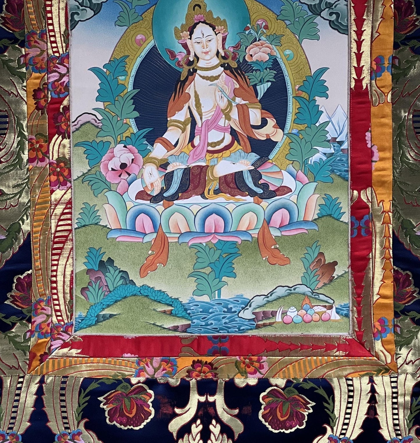 Original Hand - painted White Tara / Masterpiece Tibetan Thanka / Thangka Painting Compassion Meditation Art with High - Quality Silk Brocade - Tibetan Thangka Art