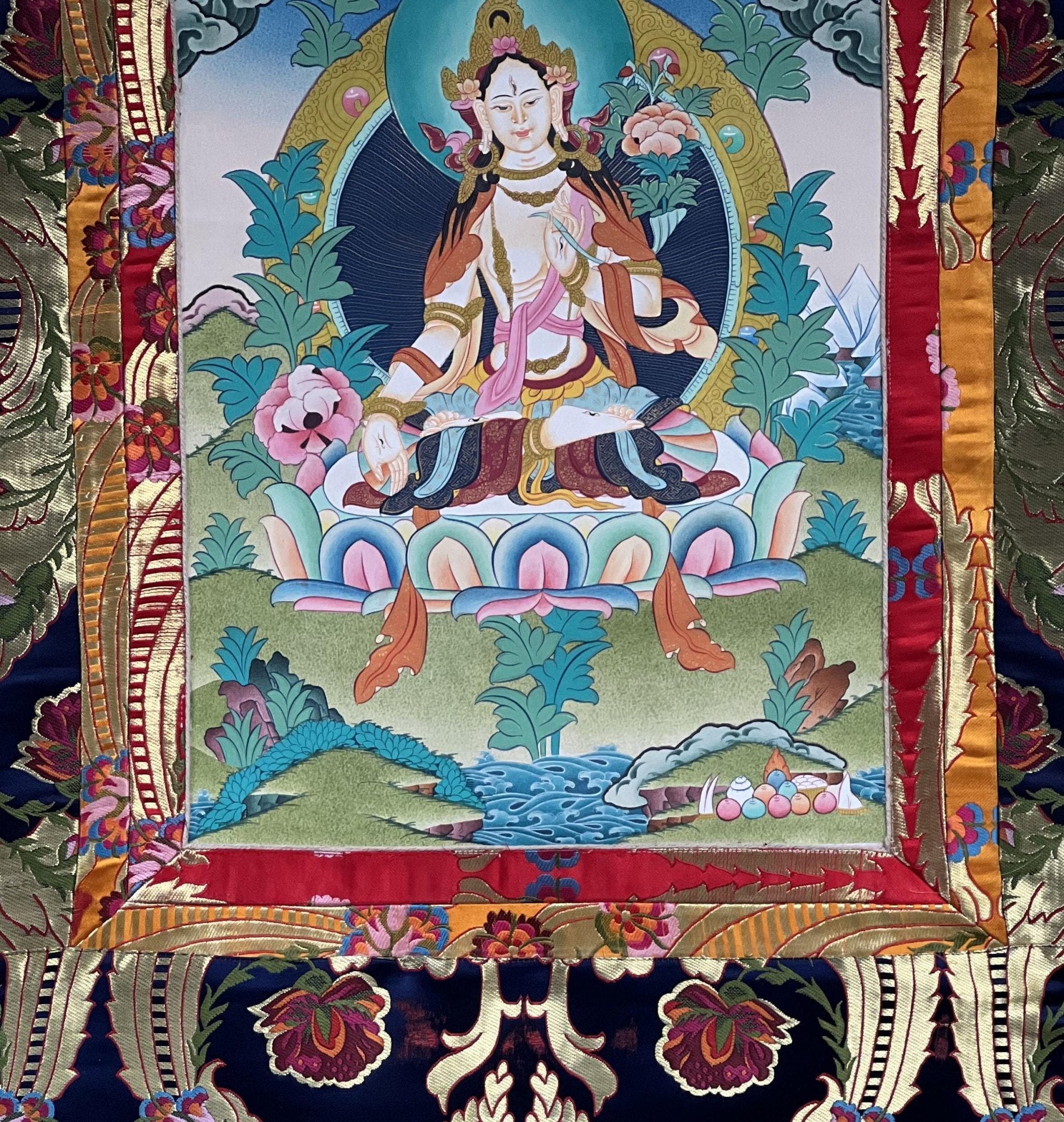 Original Hand - painted White Tara / Masterpiece Tibetan Thanka / Thangka Painting Compassion Meditation Art with High - Quality Silk Brocade - Tibetan Thangka Art