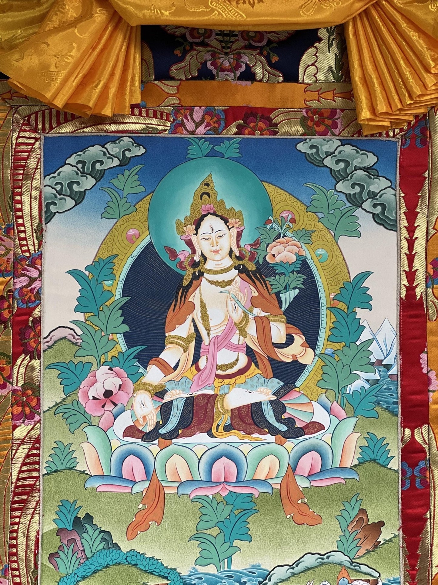 Original Hand - painted White Tara / Masterpiece Tibetan Thanka / Thangka Painting Compassion Meditation Art with High - Quality Silk Brocade - Tibetan Thangka Art
