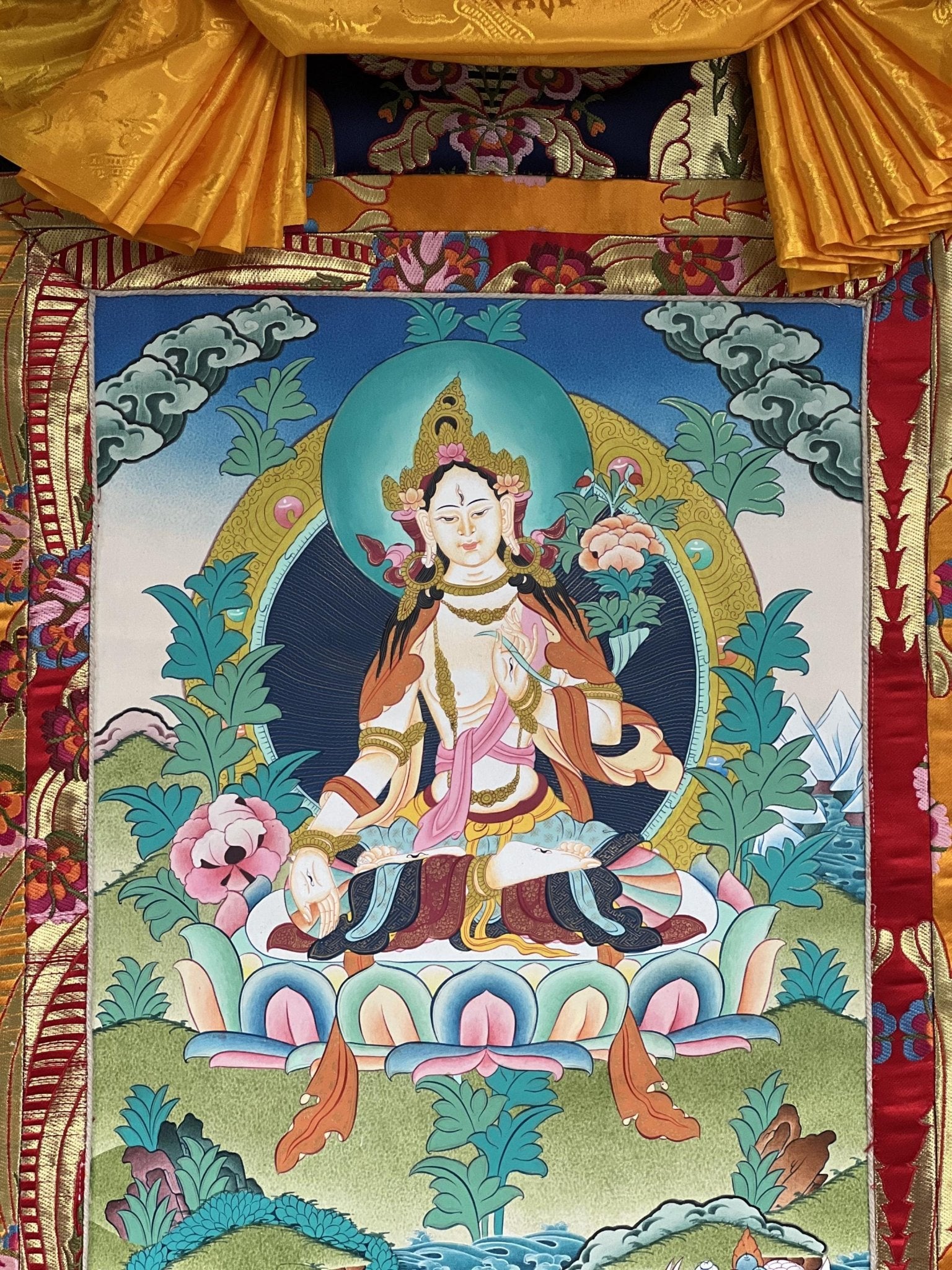 Original Hand - painted White Tara / Masterpiece Tibetan Thanka / Thangka Painting Compassion Meditation Art with High - Quality Silk Brocade - Tibetan Thangka Art