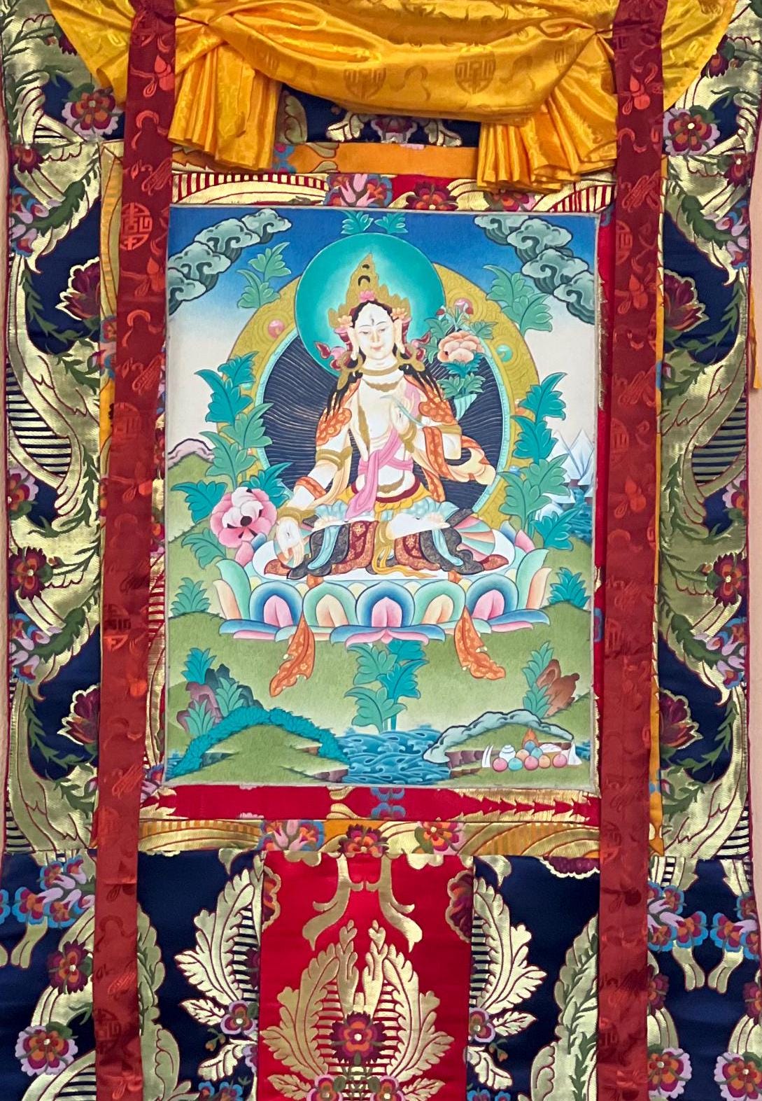 Original Hand - painted White Tara / Masterpiece Tibetan Thanka / Thangka Painting Compassion Meditation Art with High - Quality Silk Brocade - Tibetan Thangka Art
