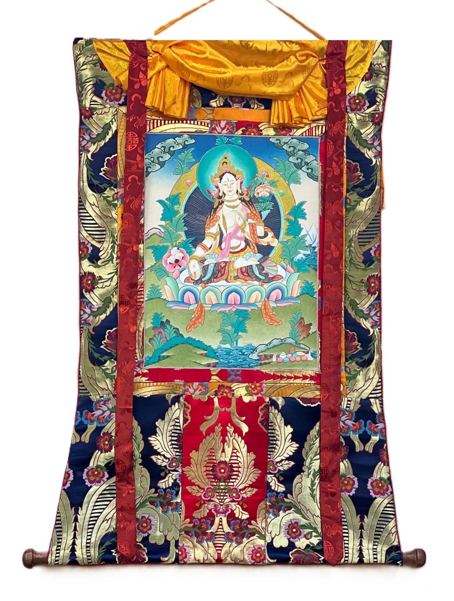 Original Hand - painted White Tara / Masterpiece Tibetan Thanka / Thangka Painting Compassion Meditation Art with High - Quality Silk Brocade - Tibetan Thangka Art