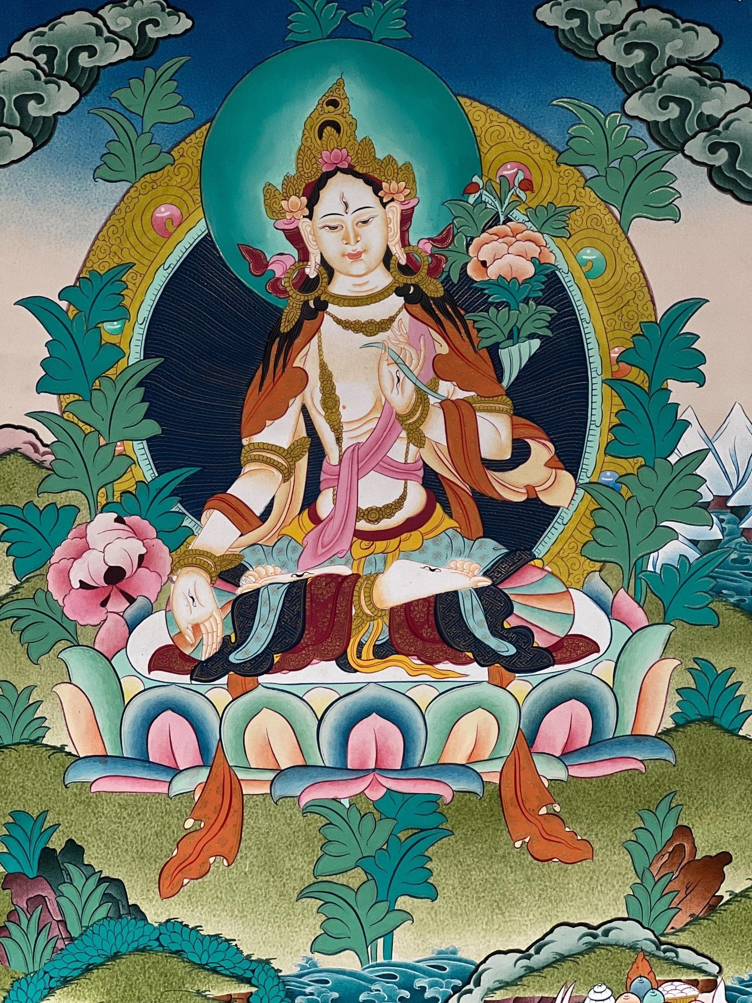 Original Hand - painted White Tara / Masterpiece Tibetan Thanka / Thangka Painting Compassion Meditation Art with High - Quality Silk Brocade - Tibetan Thangka Art
