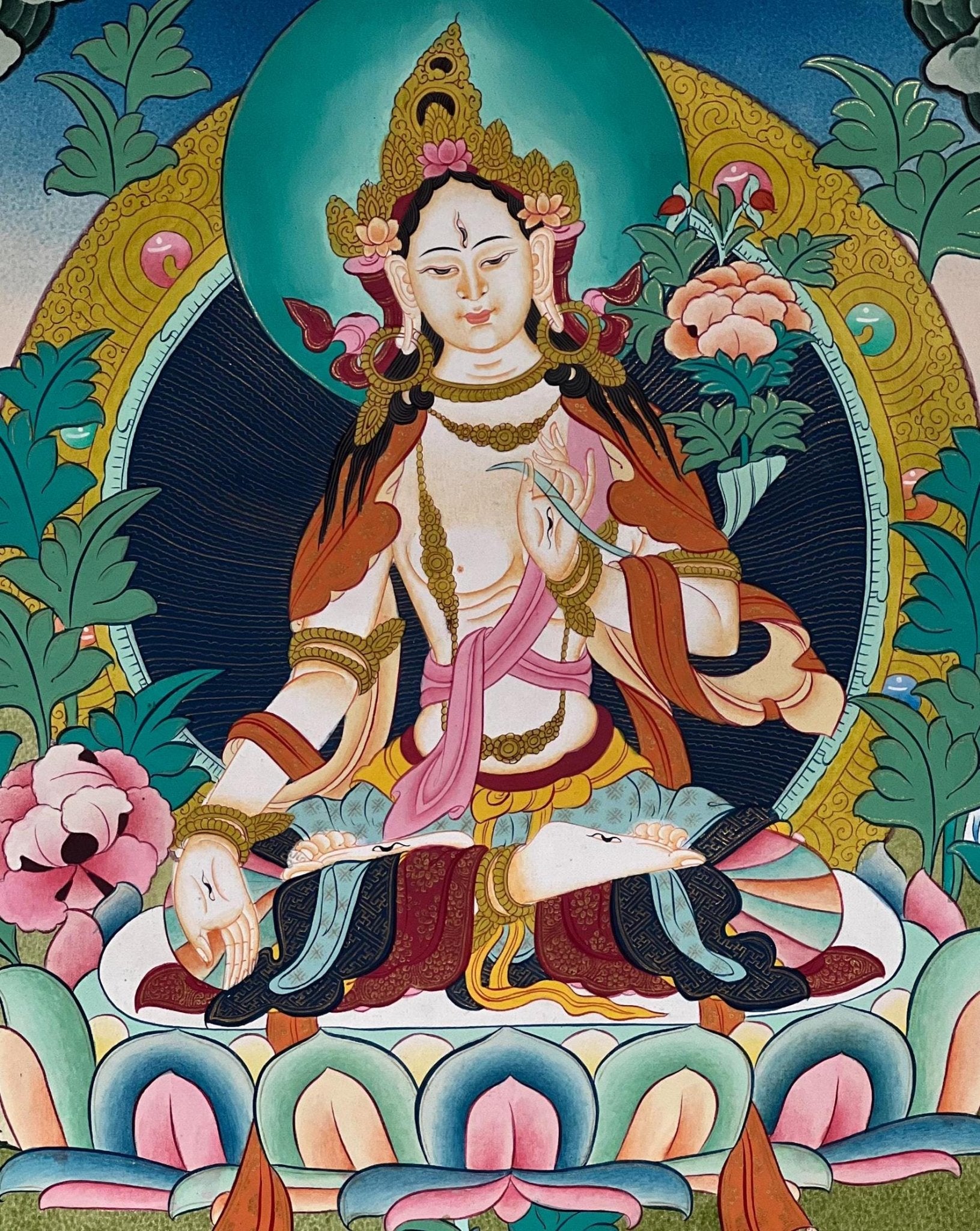 Original Hand - painted White Tara / Masterpiece Tibetan Thanka / Thangka Painting Compassion Meditation Art with High - Quality Silk Brocade - Tibetan Thangka Art