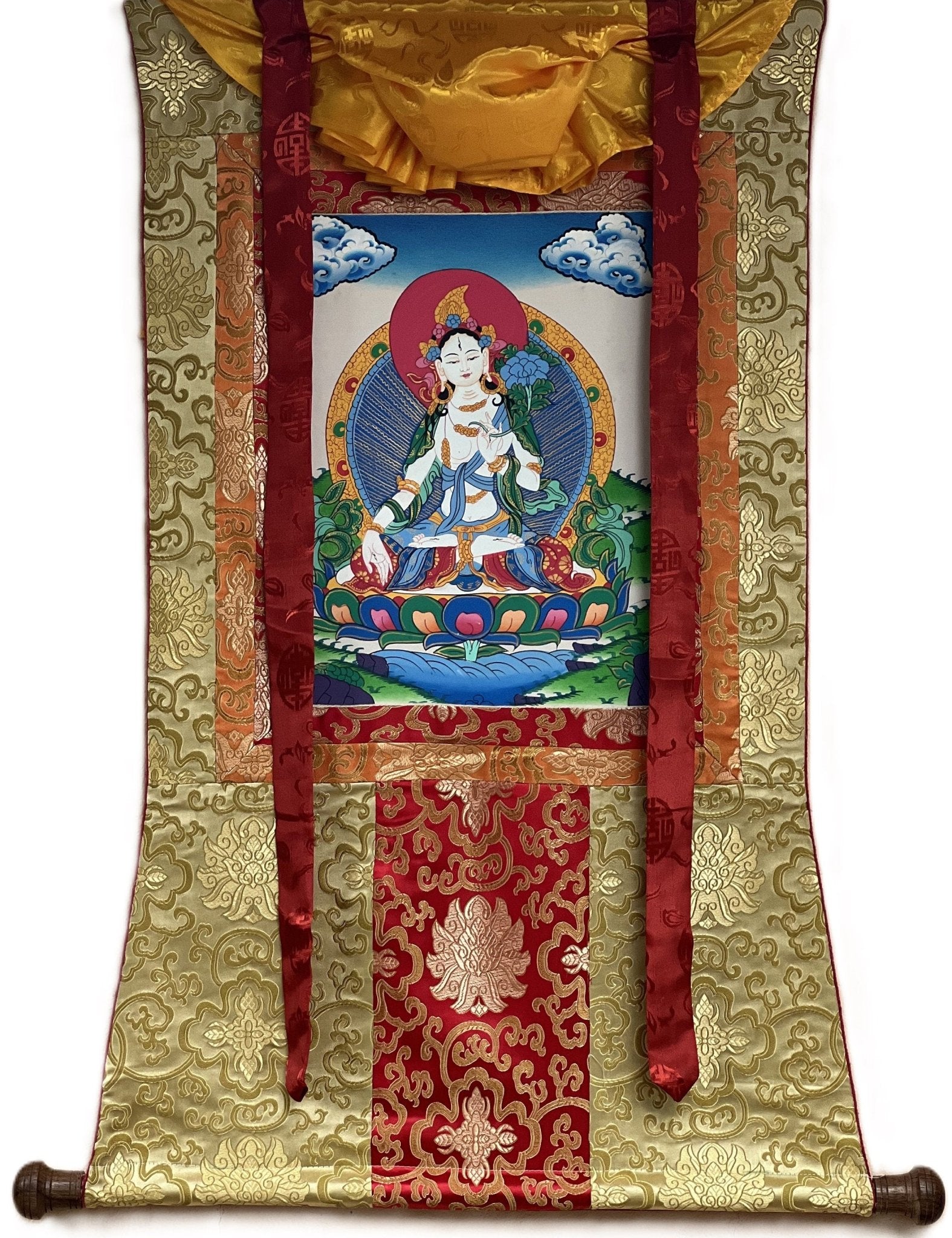 Original Hand - painted White Tara/ Mother Goddess/ Healing and Compassion Tibetan Thangka Painting with Silk Brocade - Tibetan Thangka Art