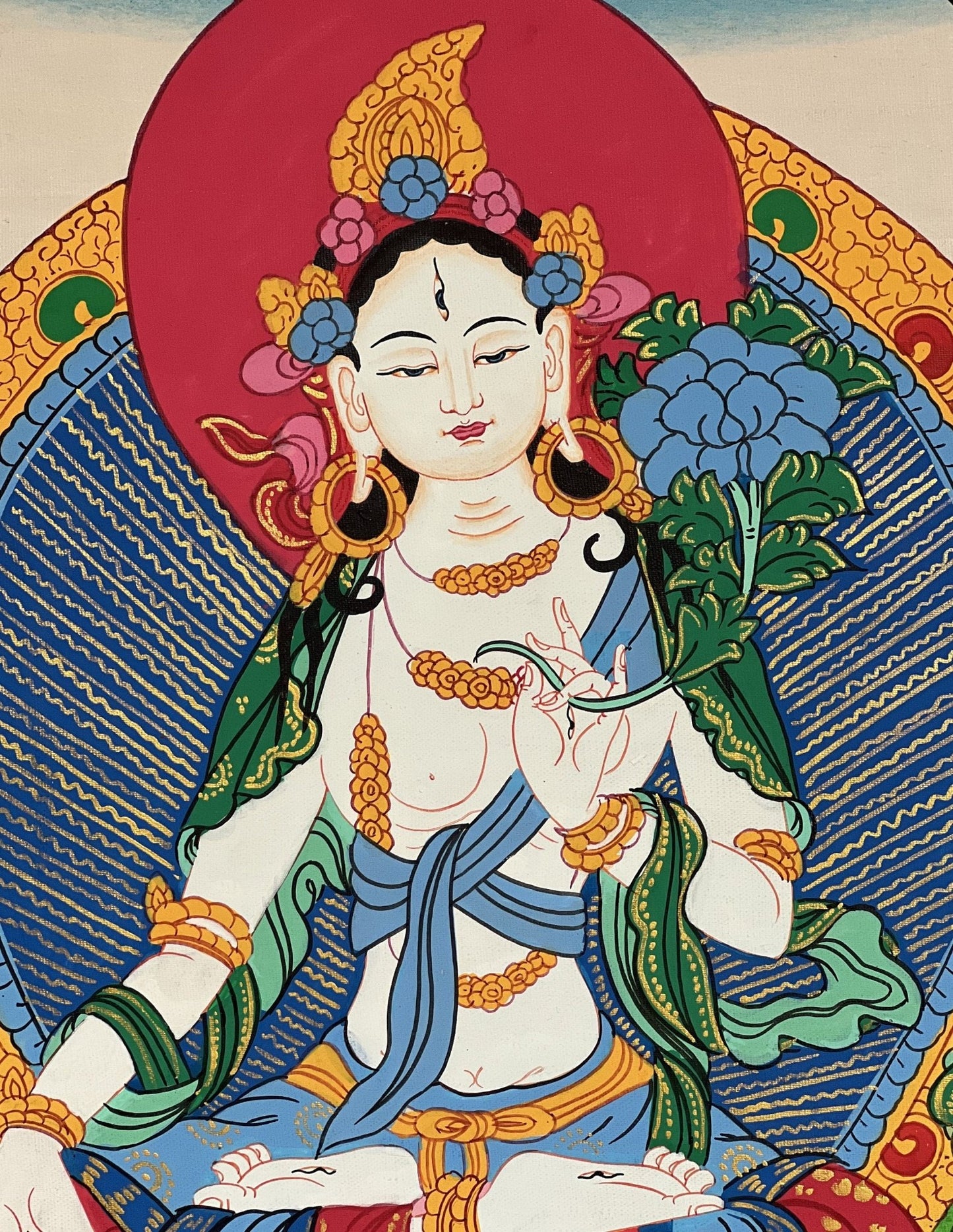 Original Hand - painted White Tara/ Mother Goddess/ Healing and Compassion Tibetan Thangka Painting with Silk Brocade - Tibetan Thangka Art