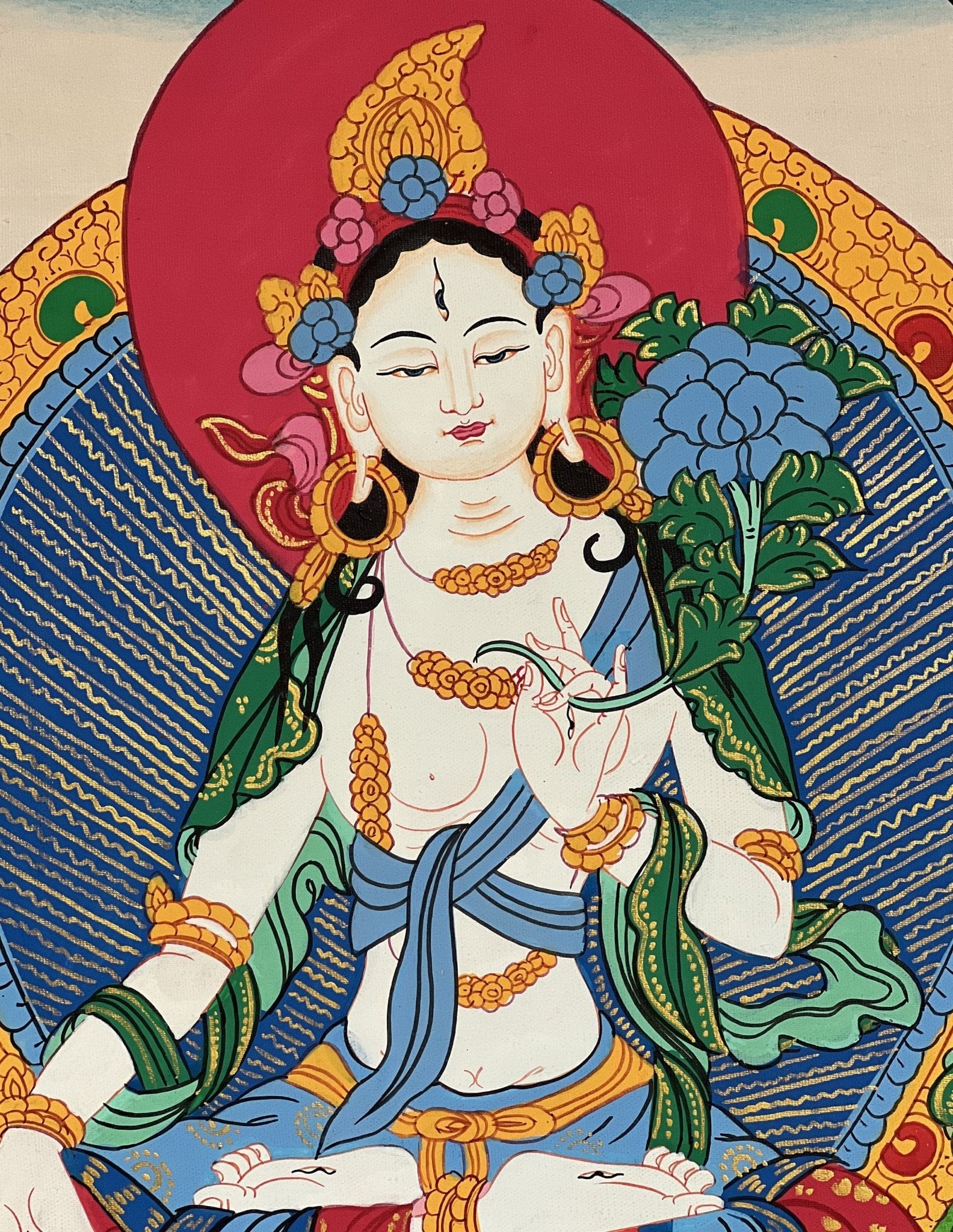 Original Hand - painted White Tara/ Mother Goddess/ Healing and Compassion Tibetan Thangka Painting with Silk Brocade - Tibetan Thangka Art