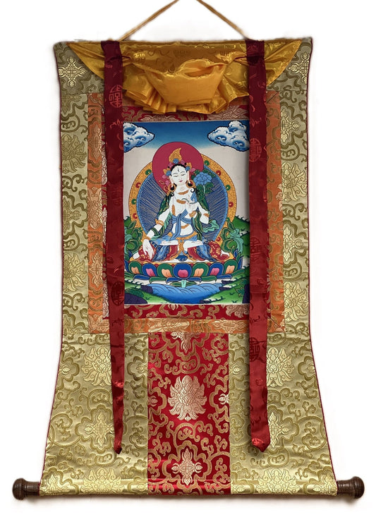 Original Hand - painted White Tara/ Mother Goddess/ Healing and Compassion Tibetan Thangka Painting with Silk Brocade - Tibetan Thangka Art