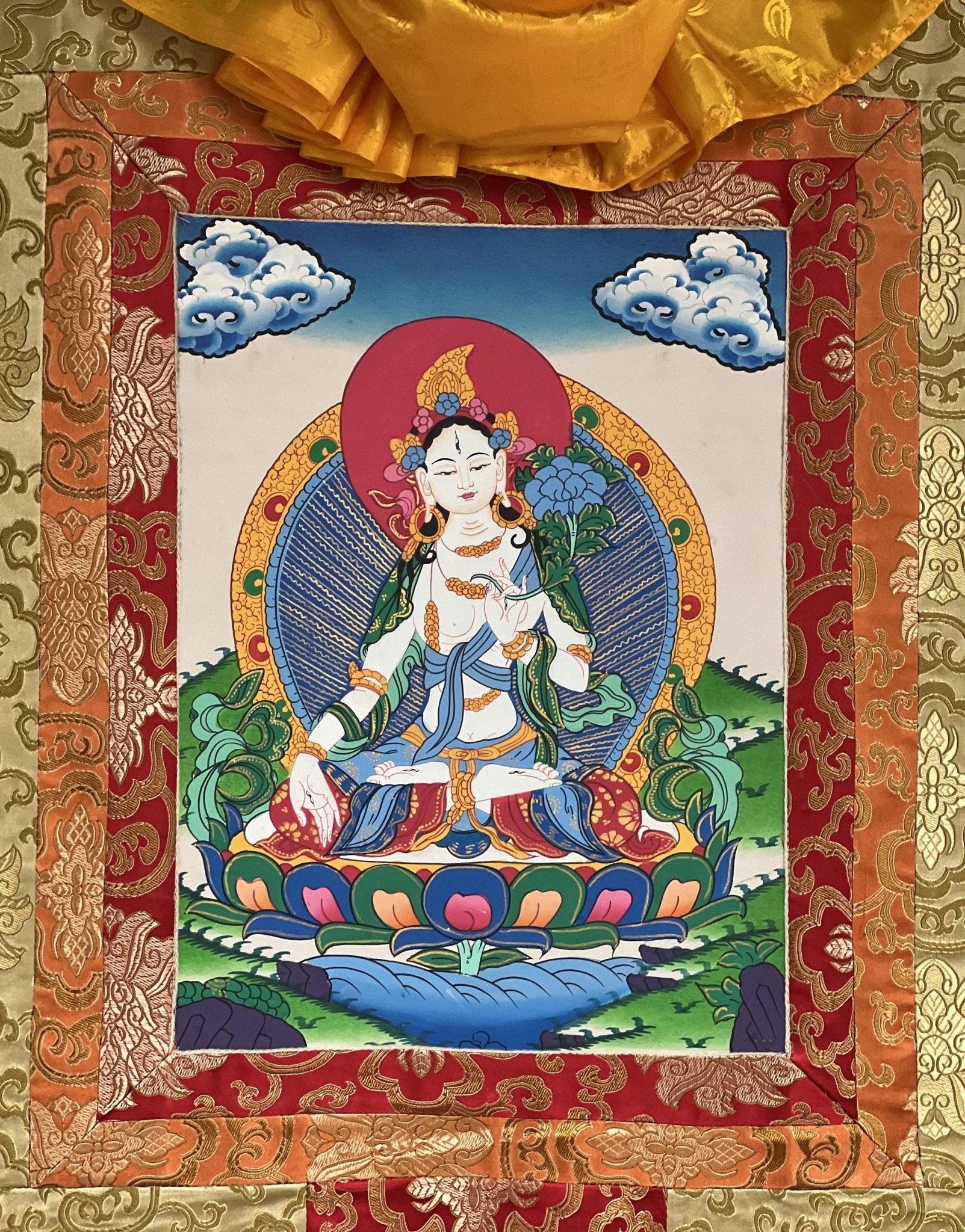 Original Hand - painted White Tara/ Mother Goddess/ Healing and Compassion Tibetan Thangka Painting with Silk Brocade - Tibetan Thangka Art