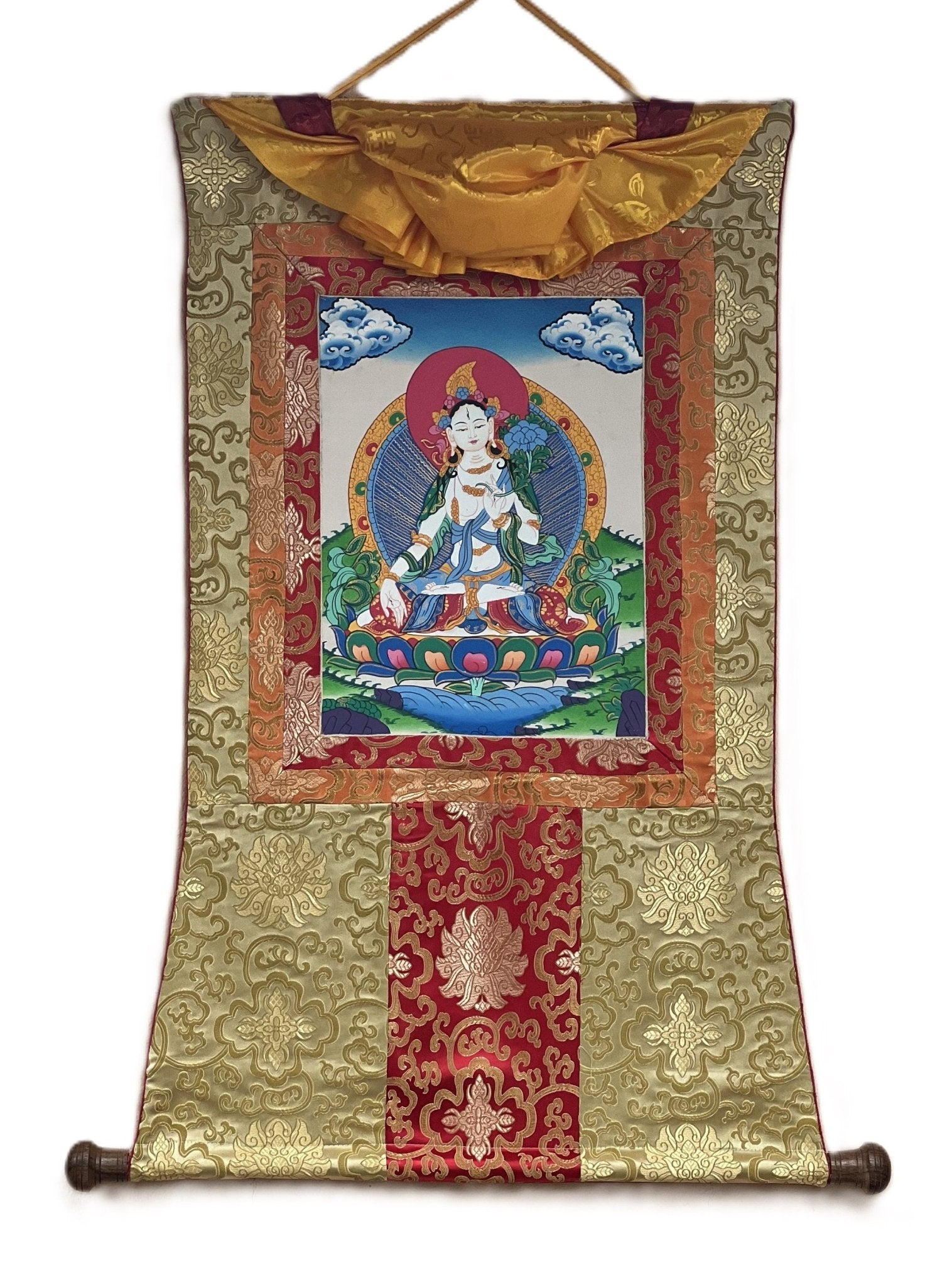 Original Hand - painted White Tara/ Mother Goddess/ Healing and Compassion Tibetan Thangka Painting with Silk Brocade - Tibetan Thangka Art