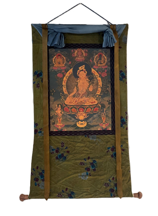Original Hand - painted White Tara, Mother Goddess OLD OIL VARNISHED Tibetan Thangka Painting/Compassion Meditation Art with Cotton Brocade - Tibetan Thangka Art