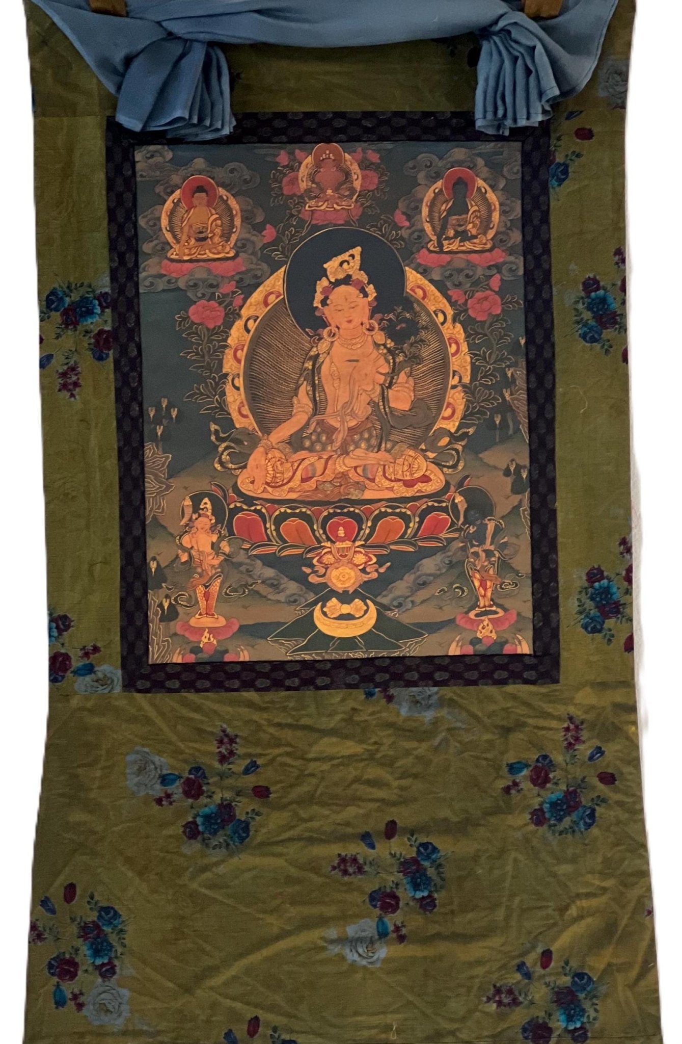 Original Hand - painted White Tara, Mother Goddess OLD OIL VARNISHED Tibetan Thangka Painting/Compassion Meditation Art with Cotton Brocade - Tibetan Thangka Art