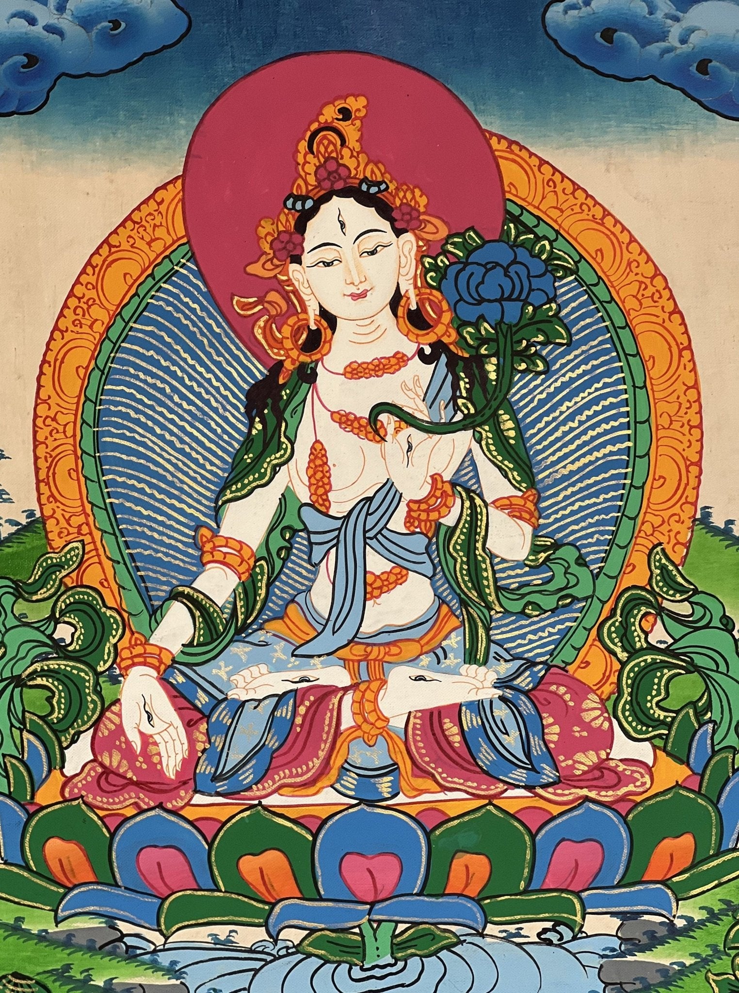 Original Hand - painted White Tara / Mother Goddess Tara Tibetan Wall Hanging Thanka /Thangka / Painting Compassion Meditation Art from Nepal - Tibetan Thangka Art