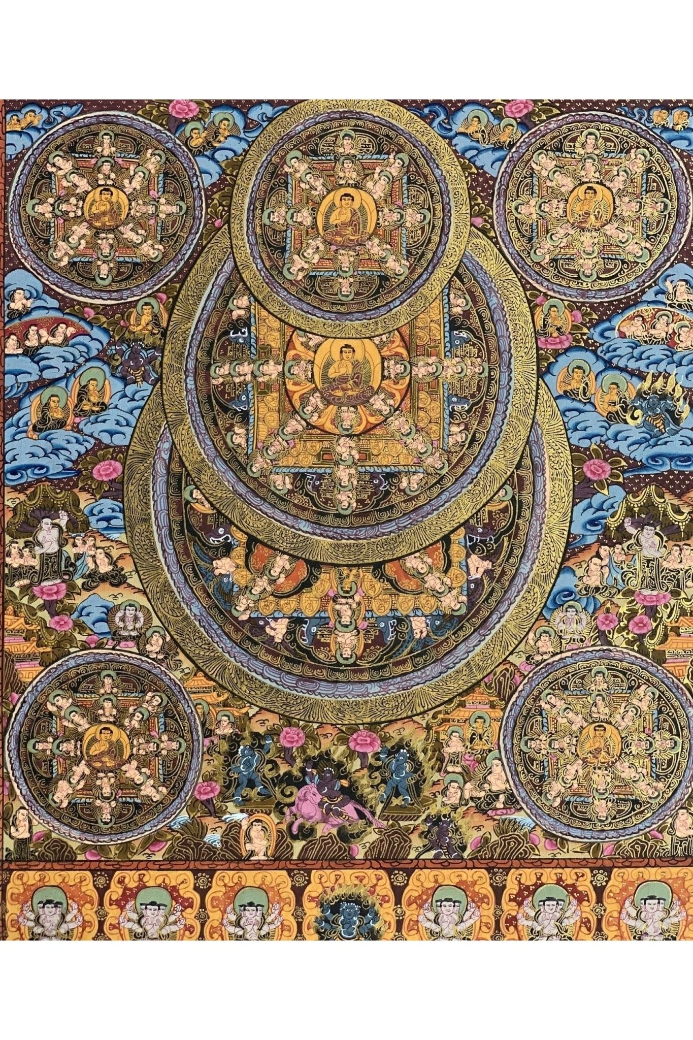 Pancha (Five) Buddha/ Big Circle Mandala Tibetan Thangka Painting, Original Sacred Meditation Art - Tibetan Thangka Art