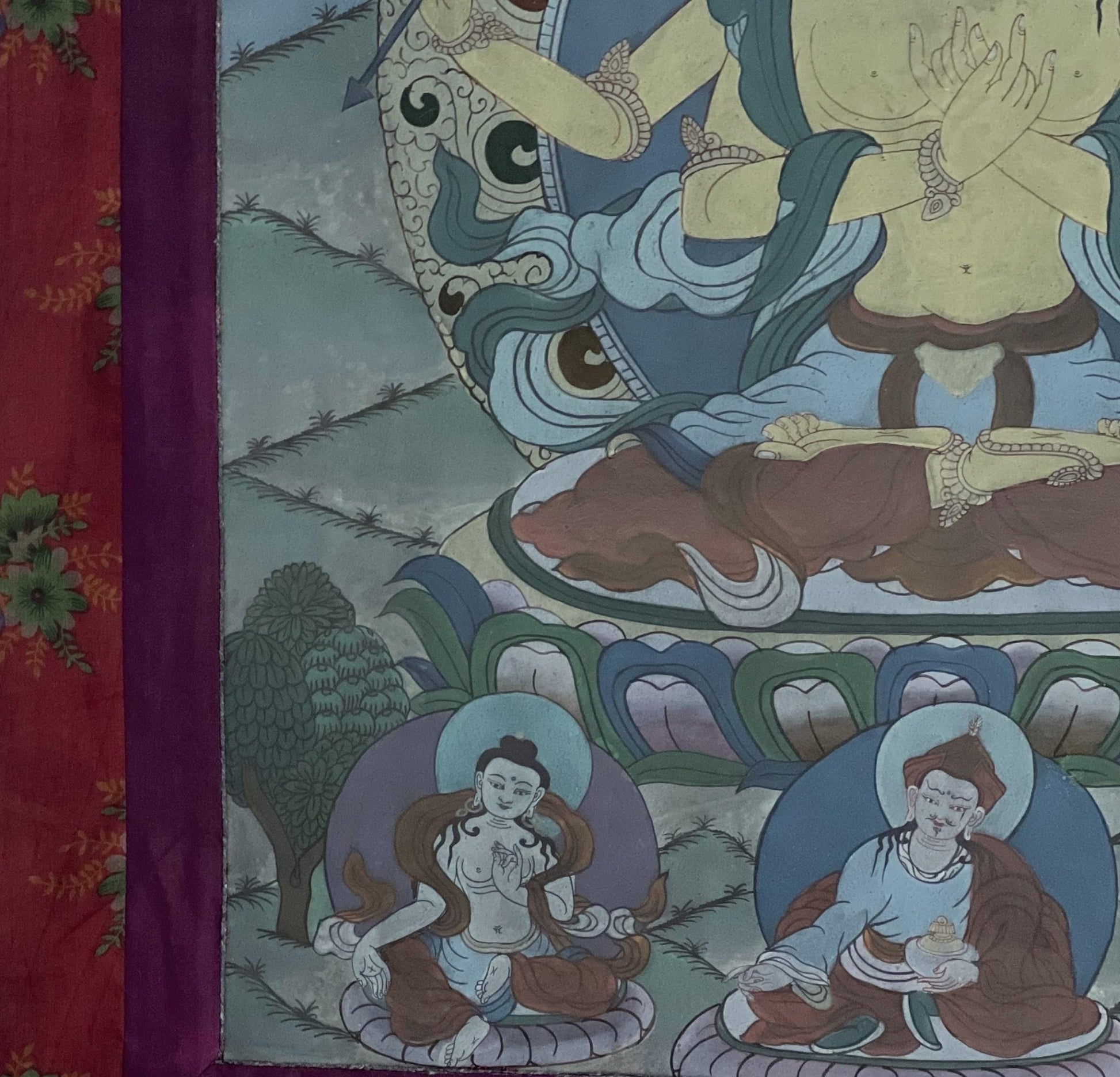Pancha ( Five) Manjushri | Vintage Tibetan Thangka Painting | Framed with Traditional Narrow Cotton Brocade | Hand - Painted in Nepal - Tibetan Thangka Art