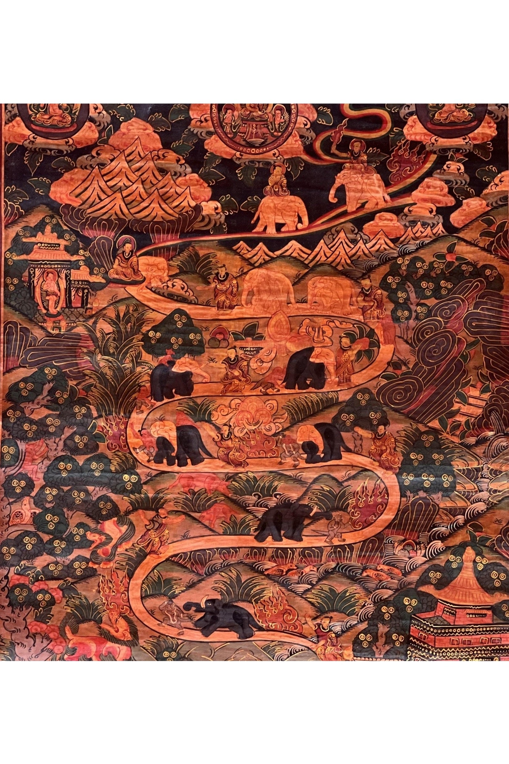 Samatha Elephant Path Meditation Way to Heaven Old OIL - VARNISHED Tibetan Thangka Painting Original Buddhist Meditation Art/ Wall Hanging - Tibetan Thangka Art