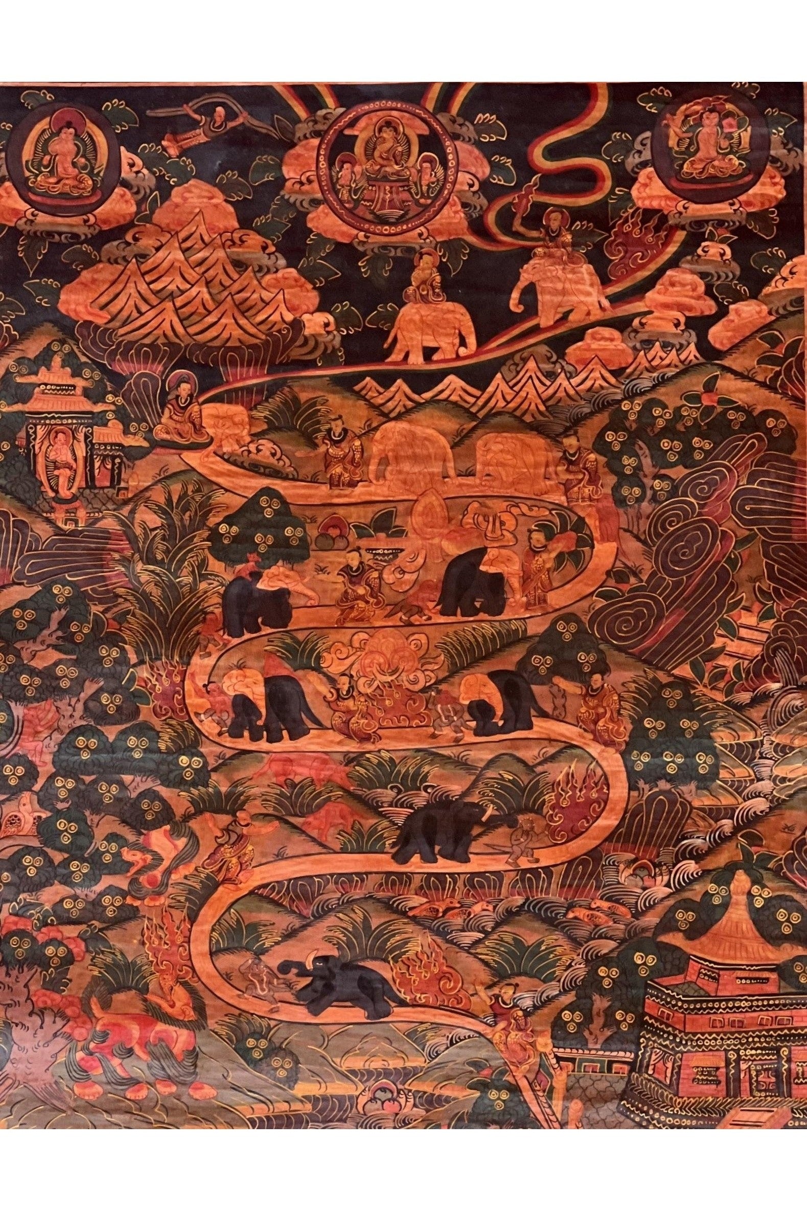 Samatha Elephant Path Meditation Way to Heaven Old OIL - VARNISHED Tibetan Thangka Painting Original Buddhist Meditation Art/ Wall Hanging - Tibetan Thangka Art