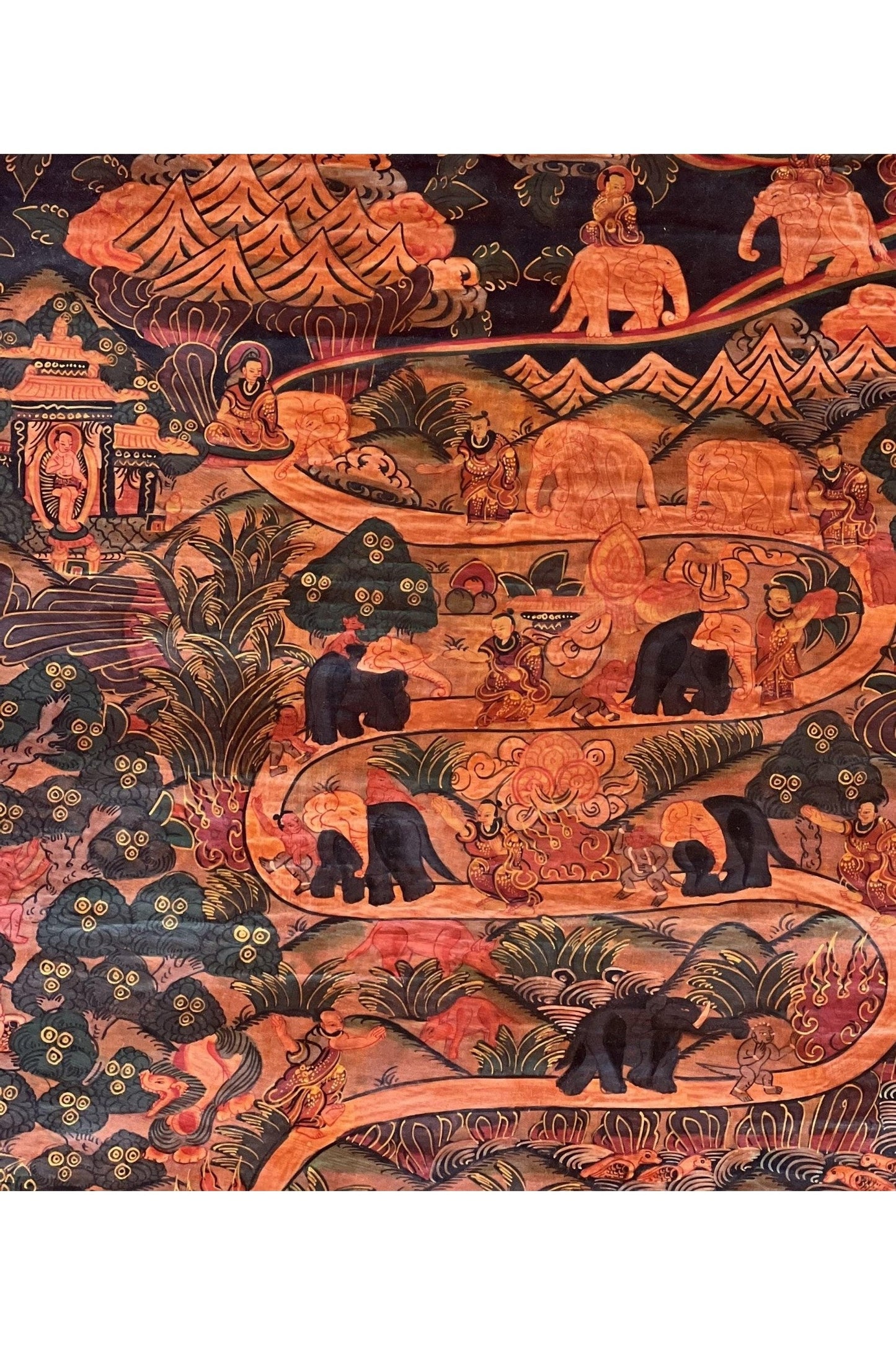 Samatha Elephant Path Meditation Way to Heaven Old OIL - VARNISHED Tibetan Thangka Painting Original Buddhist Meditation Art/ Wall Hanging - Tibetan Thangka Art
