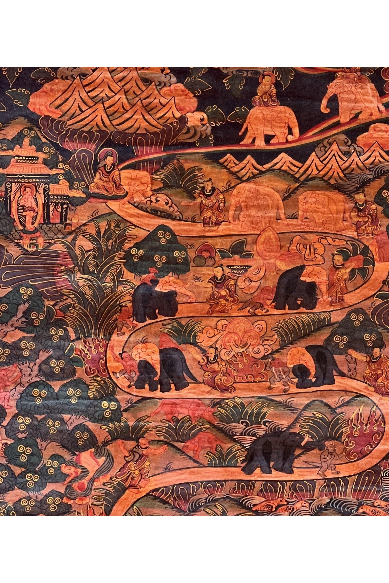 Samatha Elephant Path Meditation Way to Heaven Old OIL - VARNISHED Tibetan Thangka Painting Original Buddhist Meditation Art/ Wall Hanging - Tibetan Thangka Art