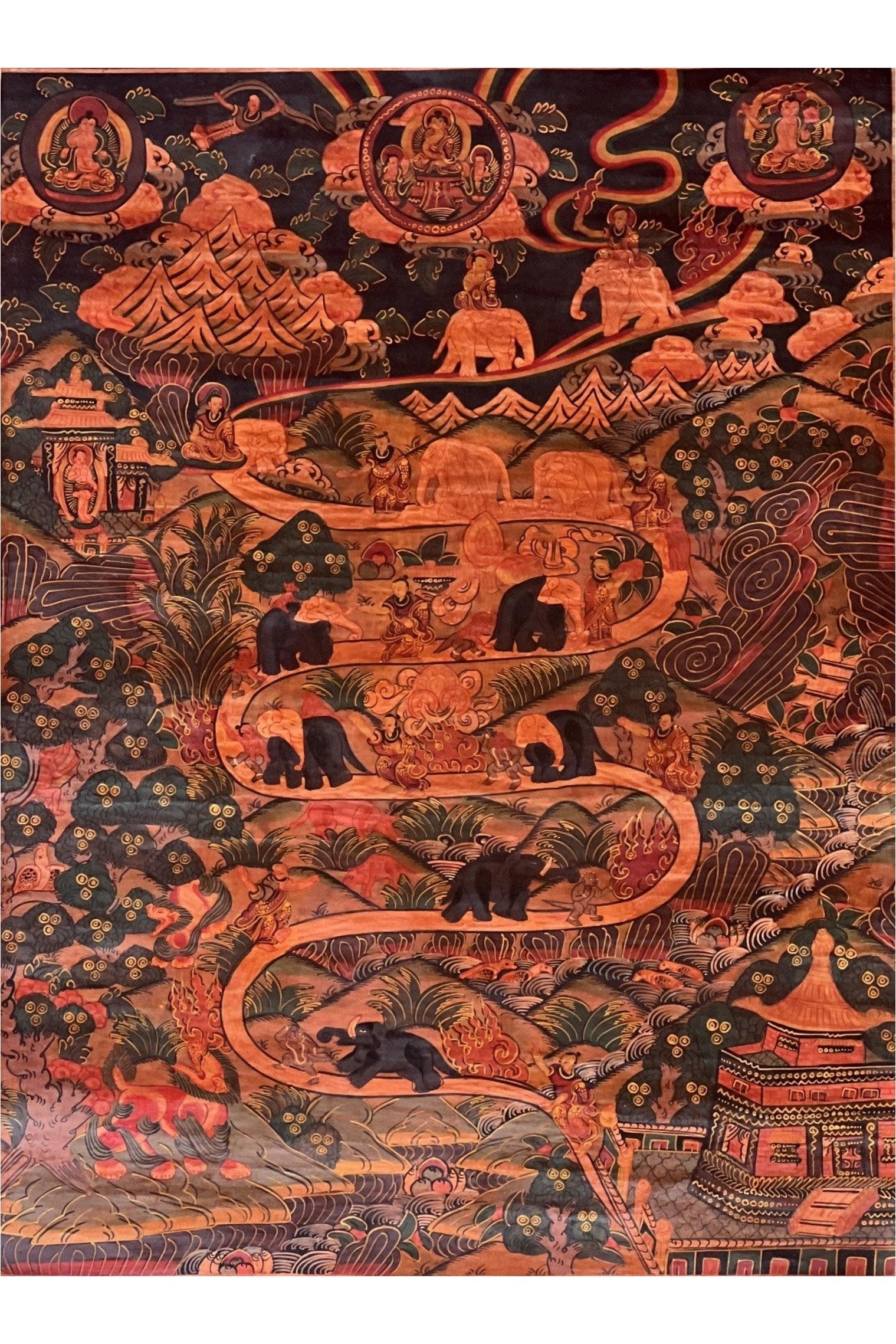 Samatha Elephant Path Meditation Way to Heaven Old OIL - VARNISHED Tibetan Thangka Painting Original Buddhist Meditation Art/ Wall Hanging - Tibetan Thangka Art