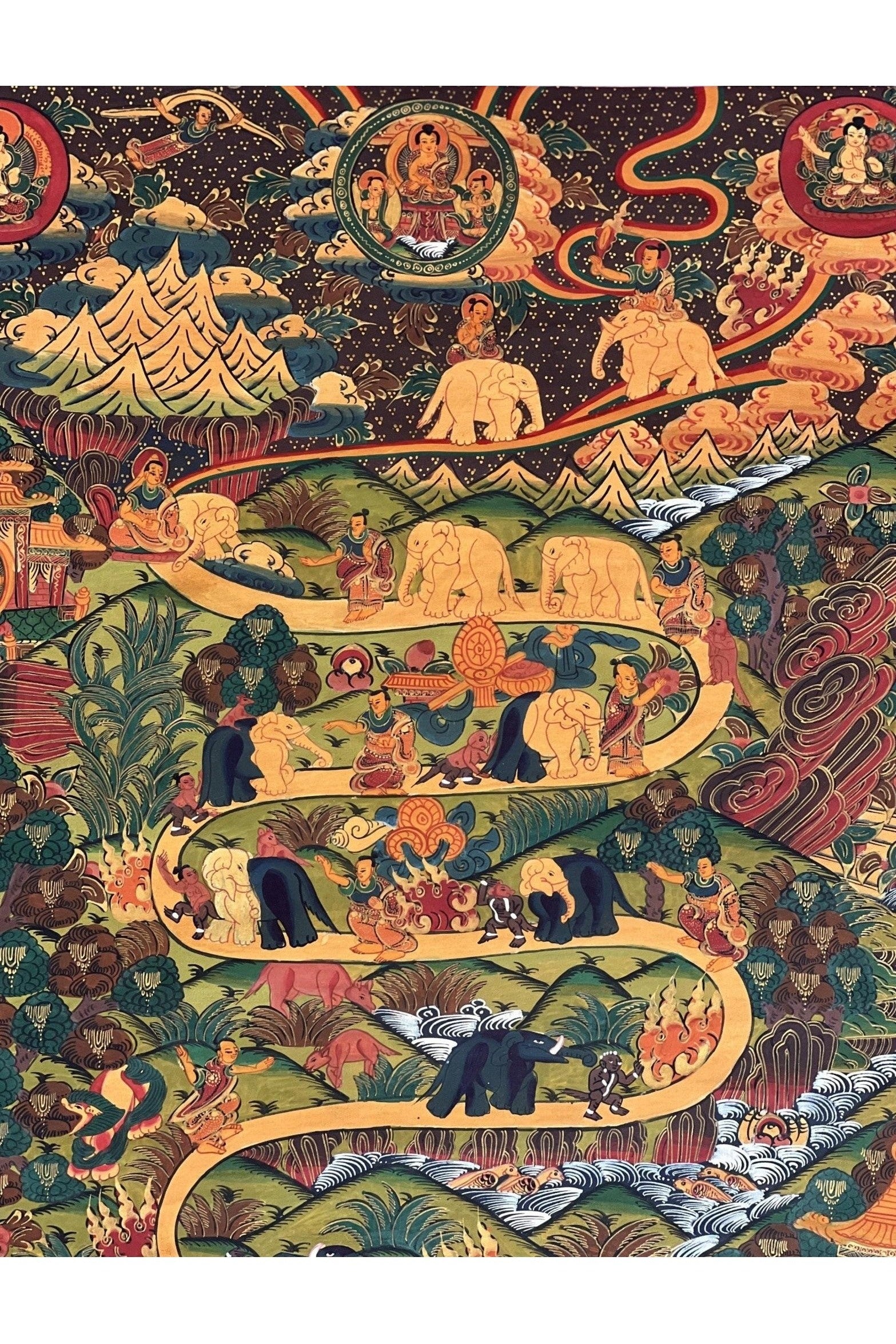 Samatha Meditation 9 Stage Elephant Path Meditation Way to Heaven Tibetan Thangka Painting Original Meditation Art/ Wall Hanging from Nepal - Tibetan Thangka Art