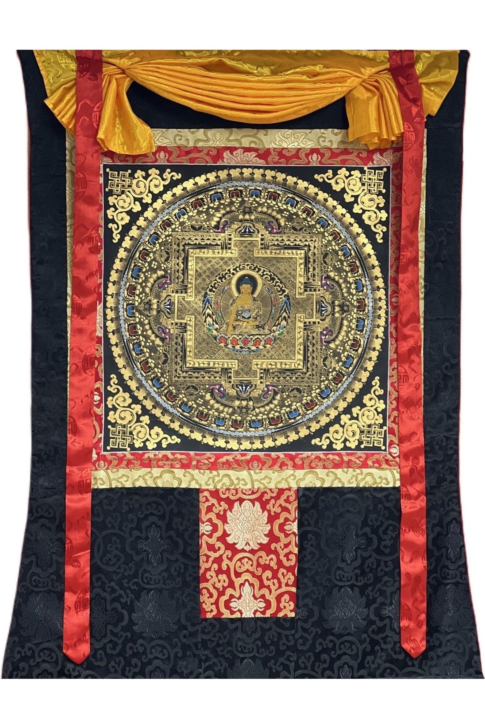 Shakyamuni Buddha Mandala Black and Gold Tibetan Thangka Painting Original Hand - Paining/Meditation Art/ Wall Hanging with Silk Brocade - Tibetan Thangka Art