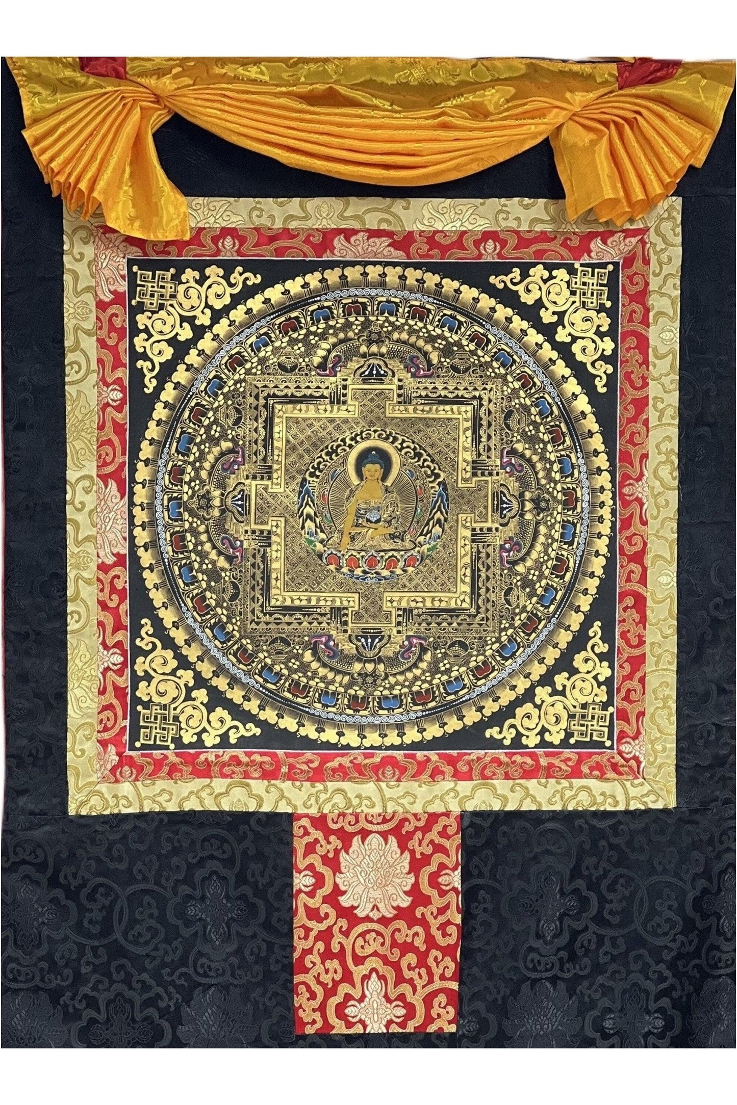 Shakyamuni Buddha Mandala Black and Gold Tibetan Thangka Painting Original Hand - Paining/Meditation Art/ Wall Hanging with Silk Brocade - Tibetan Thangka Art