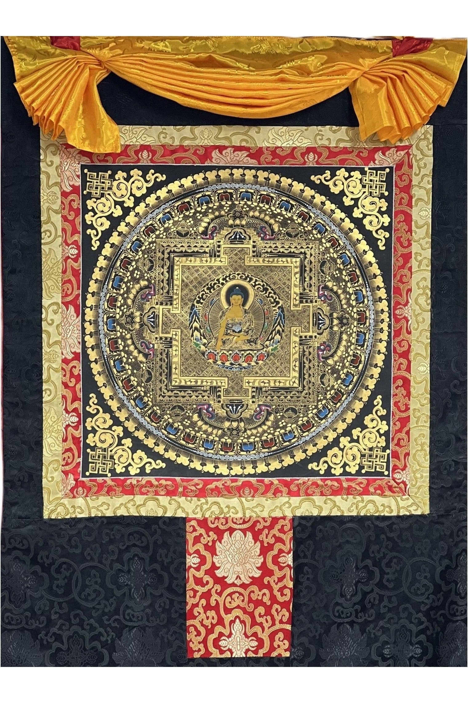 Shakyamuni Buddha Mandala Black and Gold Tibetan Thangka Painting Original Hand - Paining/Meditation Art/ Wall Hanging with Silk Brocade - Tibetan Thangka Art
