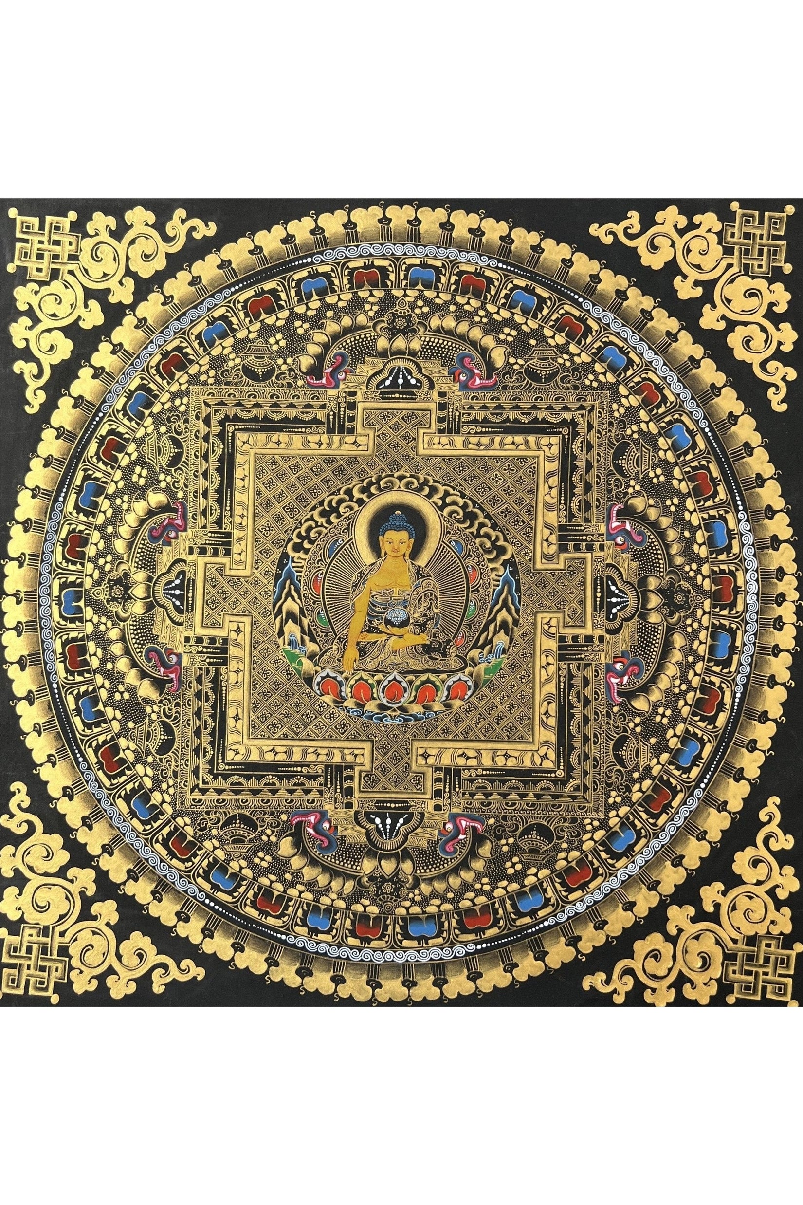 Shakyamuni Buddha Mandala Black and Gold Tibetan Thangka Painting Original Hand - Paining/Meditation Art/ Wall Hanging with Silk Brocade - Tibetan Thangka Art