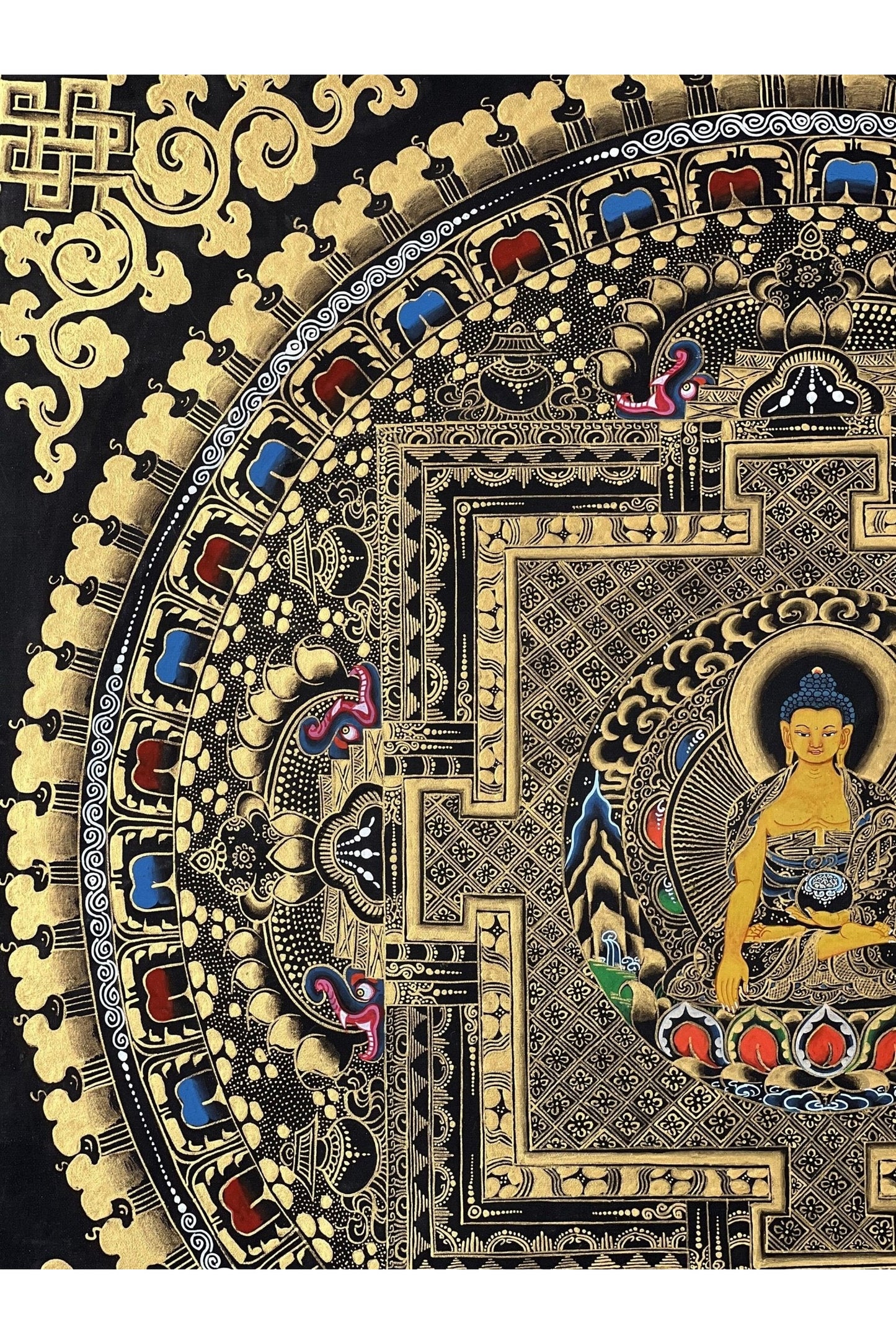 Shakyamuni Buddha Mandala Black and Gold Tibetan Thangka Painting Original Hand - Paining/Meditation Art/ Wall Hanging with Silk Brocade - Tibetan Thangka Art