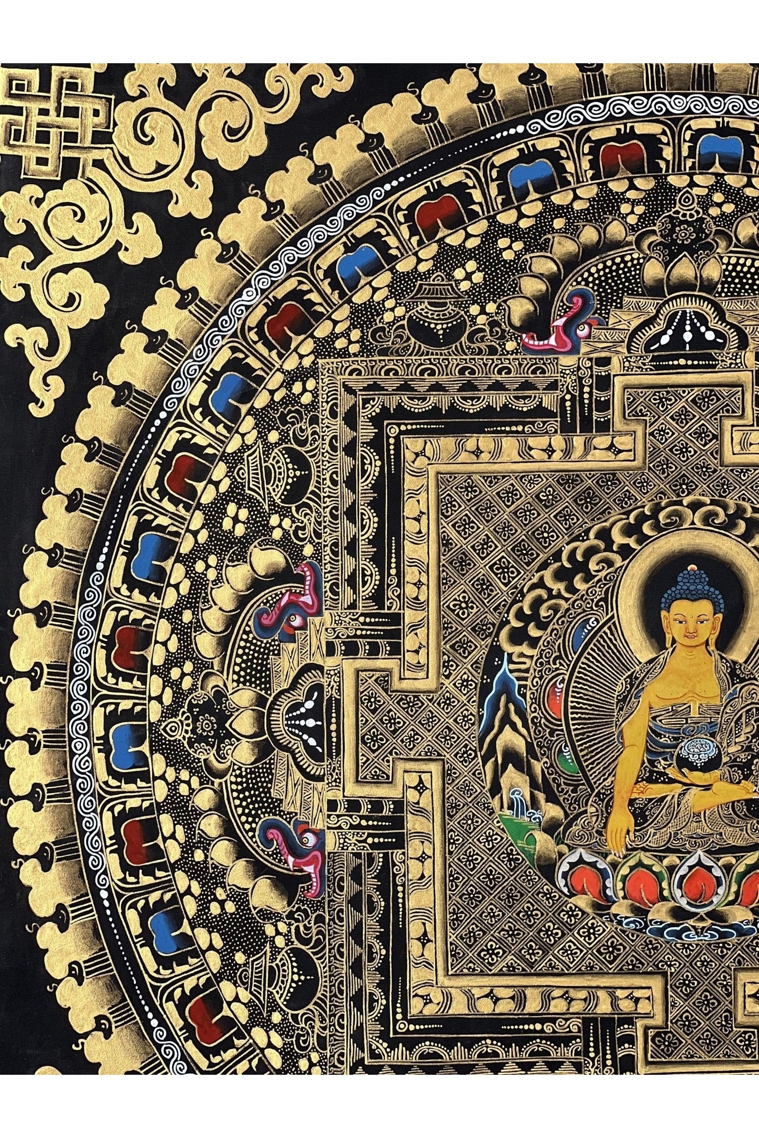 Shakyamuni Buddha Mandala Black and Gold Tibetan Thangka Painting Original Hand - Paining/Meditation Art/ Wall Hanging with Silk Brocade - Tibetan Thangka Art