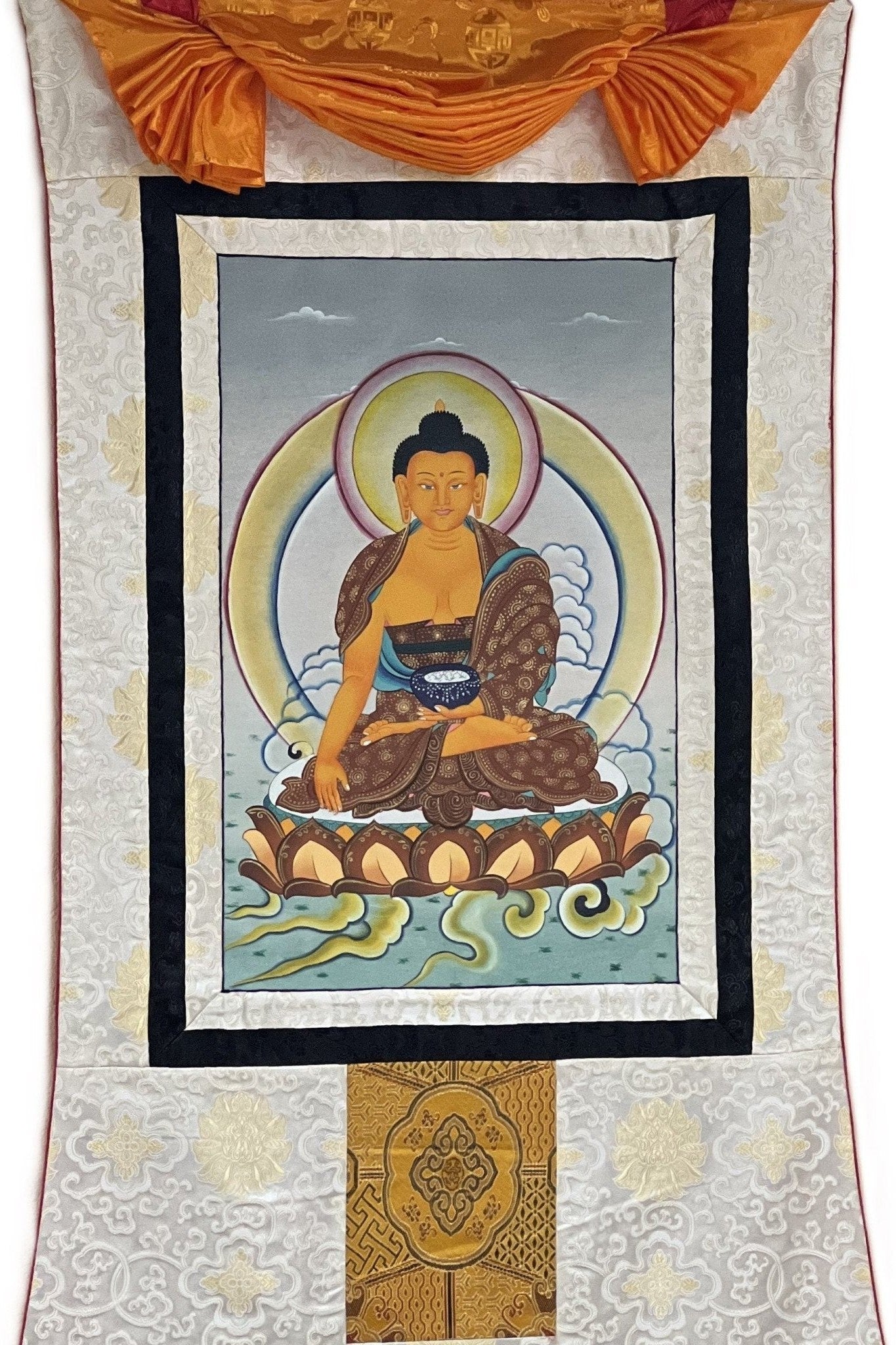Shakyamuni Buddha Siddhartha Gautama Master Quality Tibetan Thangka Painting Original Hand - painted Buddhist Art with Silk Brocade - Tibetan Thangka Art